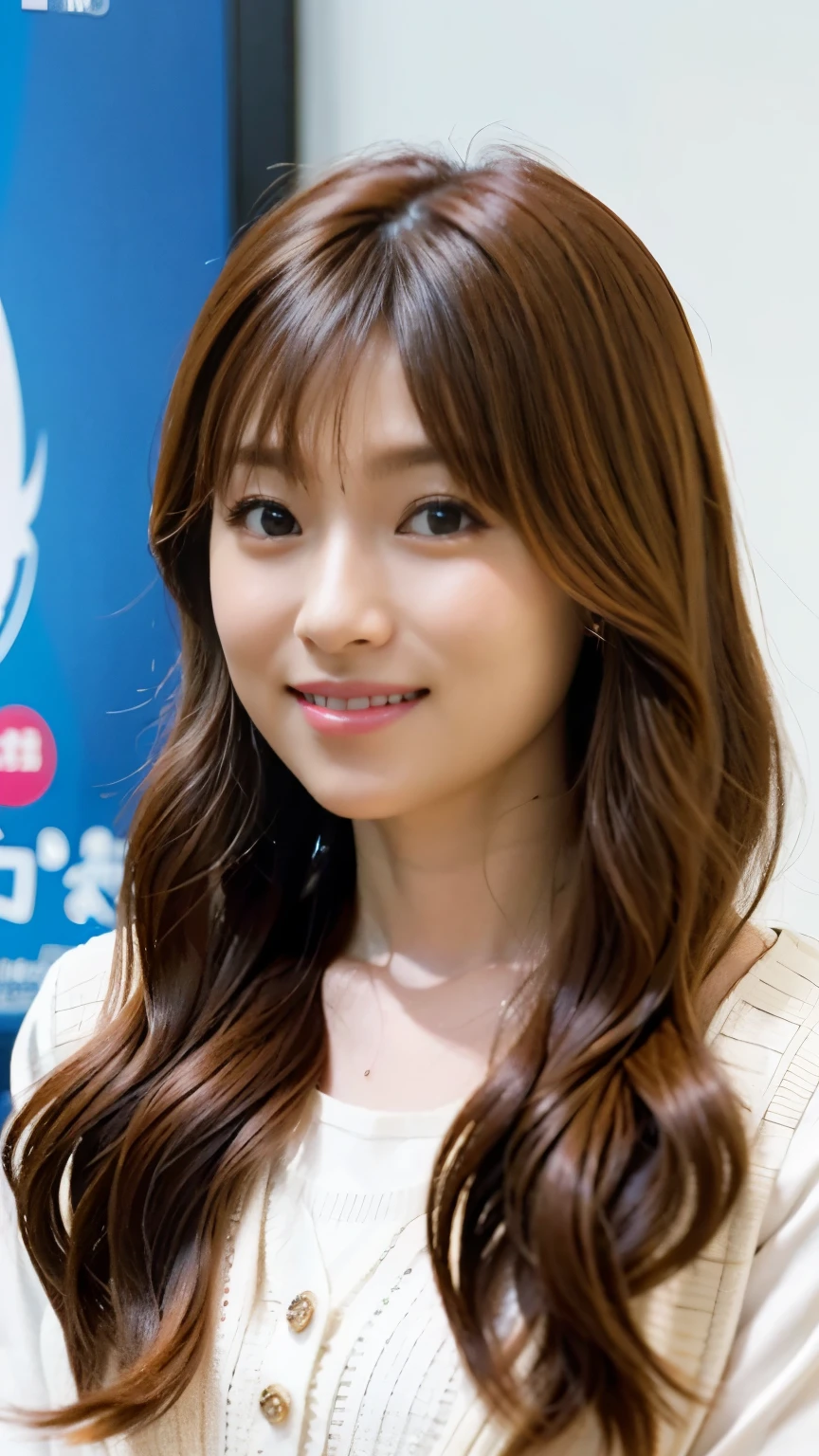 A very popular and beautiful young news program host,Bunches long hair back,Wearing a shirt and cardigan, read out a paper manuscript held in both hands.,(((Read the manuscript with your chin tilted and a smile on your face))),Bust close-up shot from the front,best image quality,professional angle of view,outstanding detail,Super high resolution,realistic:1.4),high detail,focus on details,1girl concentrated in high concentration,beautiful chestnut hair,Beautiful face with a delicate and high nose,Kneeling is cute,
