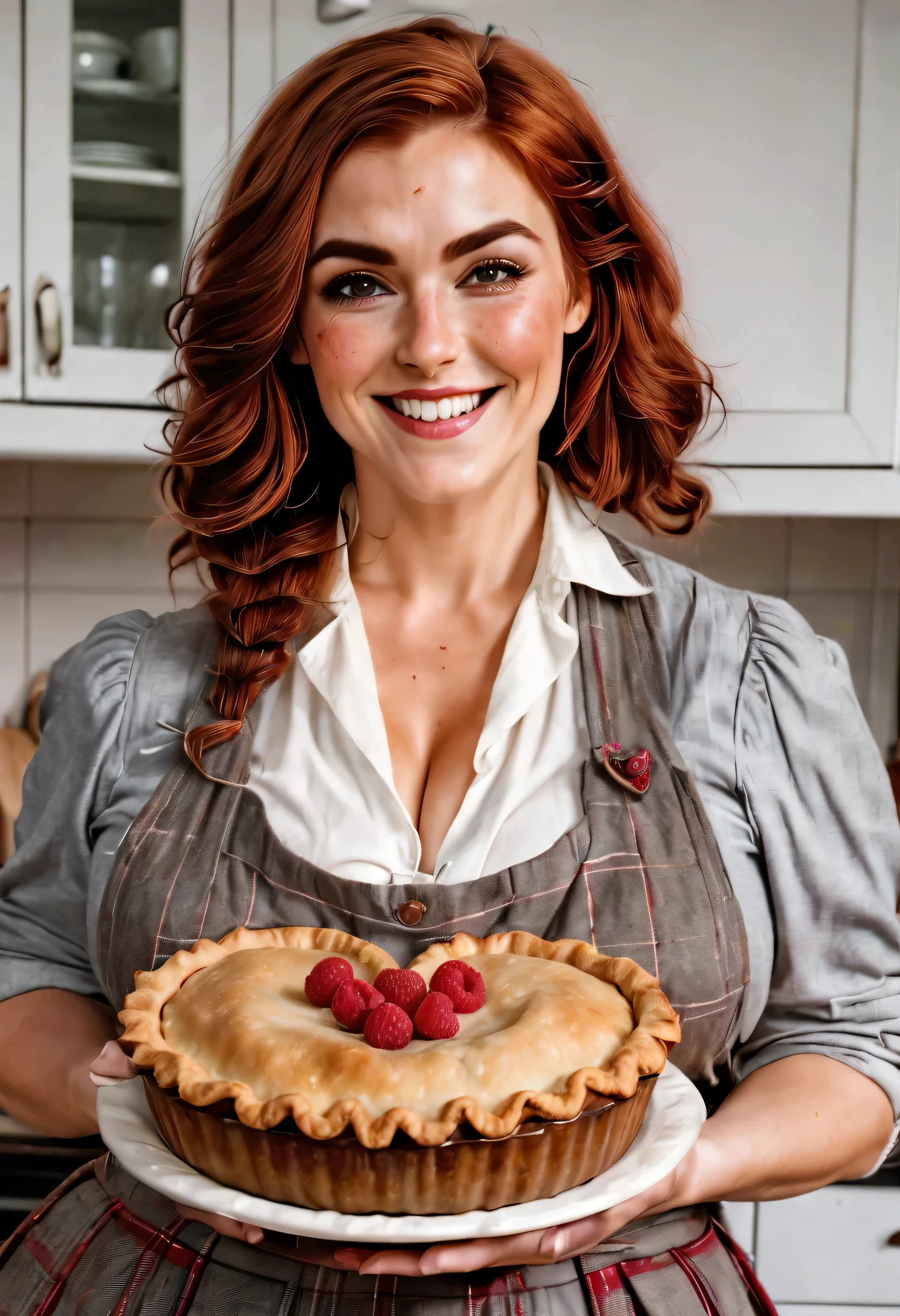 a beautiful Scottish woman in her kitchen, presenting a raspberry pie in the form of a big heart. she has reddish-brown hair, light skin and freckles, (black eyebrows:0.8), and high cheekbones, (brown eyes), (downturned eyes), voluptuous, ((huge breasts)), (smile:0.8). She is wearing a tweed skirt, grey apron and a white blouse.