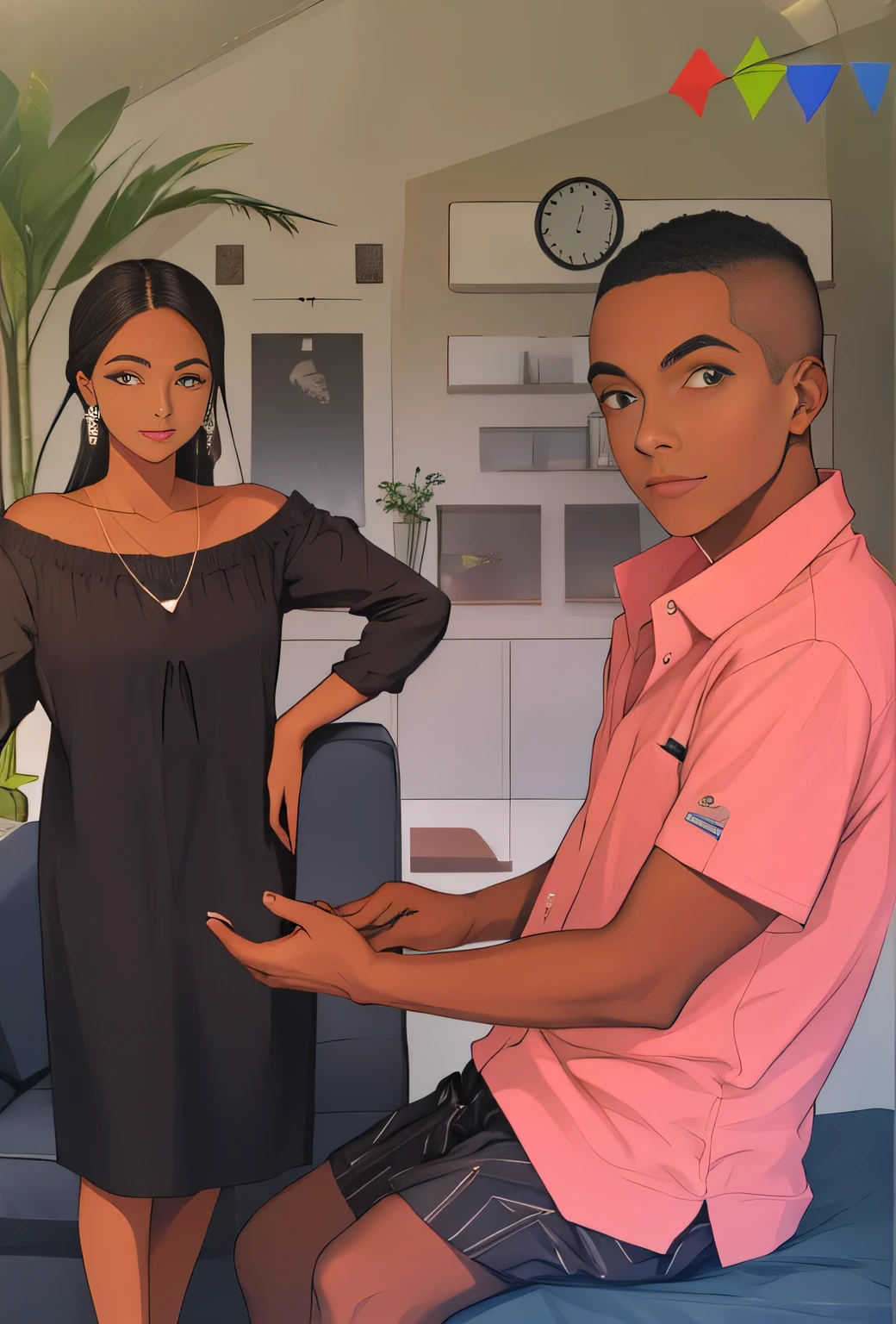 1 homem ????? bonito de 30 anos, observa uma mulher negra bonita 27 anos ao seu colo,  Relaxed, romantic, confortable clothes, daytime period, olhos detalhado, Bonitinho, Casal bonito, perto um do outro, peaceful,  obra-prima de corpos perfeitos, overhead lighting, altamente detalhado, clareza, Multi-level detailing, fundo desfocado,