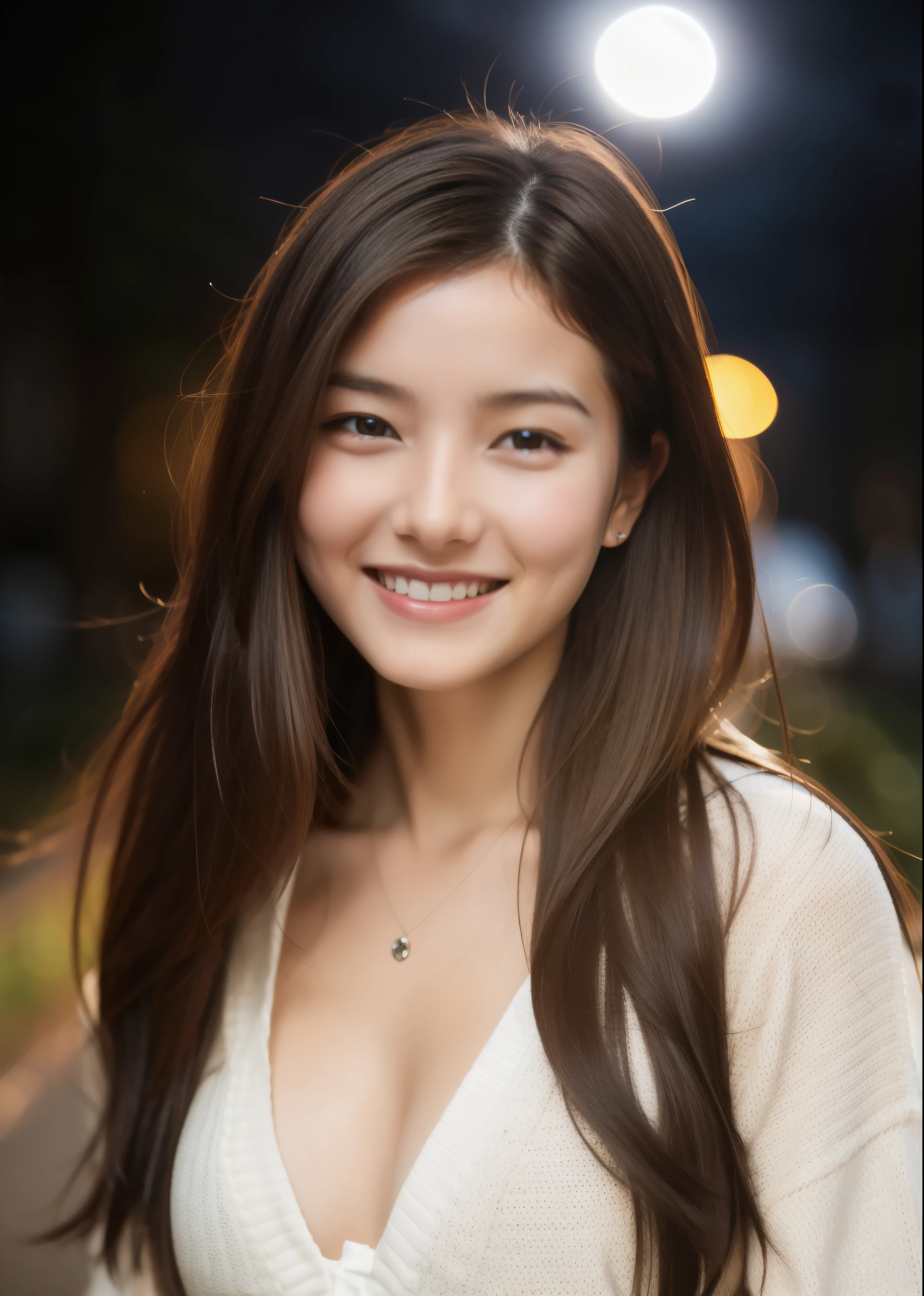 beautiful woman。She wears a camisole。She looks ecstatic as if she had an orgasm during sex..。her dark brown hair、、her hair is long。High resolution、masterpiece、highest quality、Head w:1.0、((Hasselblad Photos))、fine skin、fine knit、(movie lighting)、clavicle . she is smiling.