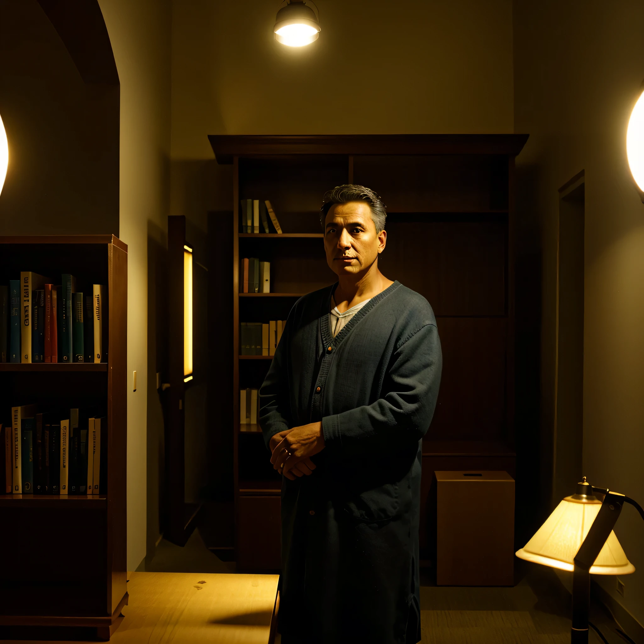 A wise man in front, illuminated by the light of a lamp, tendo como pano de fundo uma biblioteca