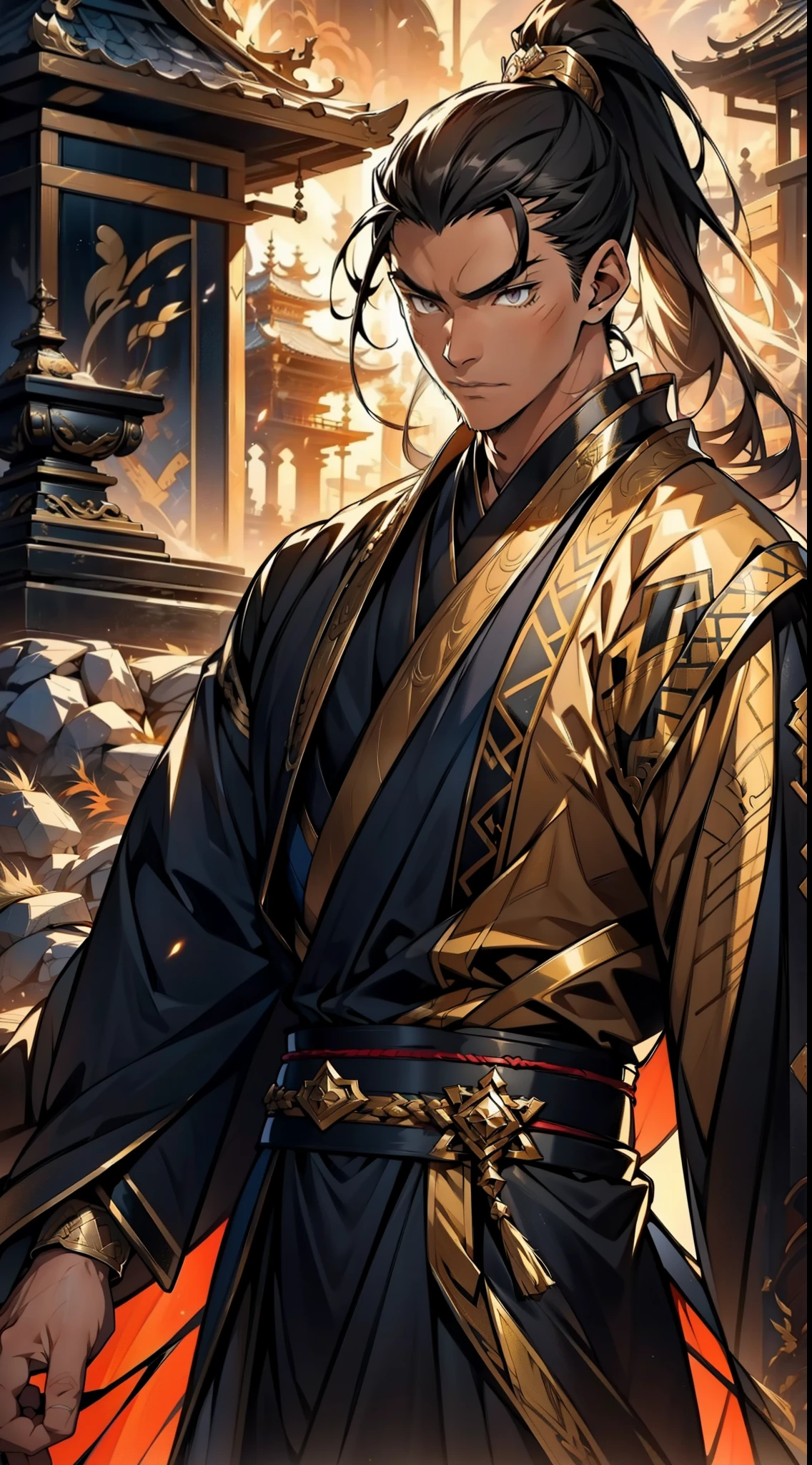 Two dimensions,anime style,one person(male warrior),proportions are correct,facial details,swordsman,high ponytail hairstyle,neck detail,Have an Adam's apple,Black and gold robe,joke,Black and gold robe,clothing details,Hand over,long sleeves,Game quality,fencing,Ray tracing,Ray tracing,Detailed glow,CG rendering,hair details,Long black and blond hair,Black-gold eyes,Handsome,Handsome,(Youthful feeling),Clothing is complicated,Perfect composition,refine,high quality,higher details,many details,Complex background,a sense of atmosphere,