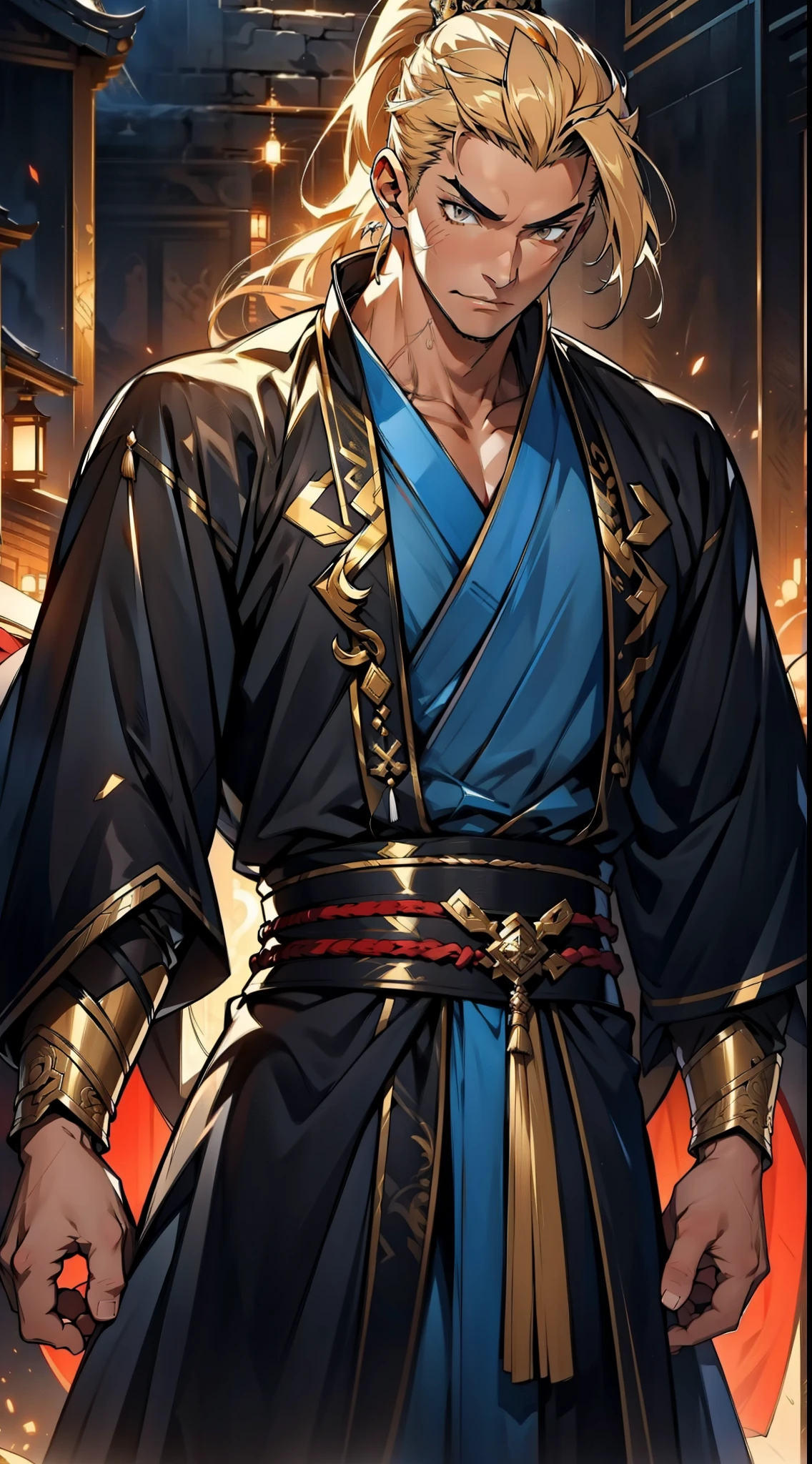 Two dimensions,anime style,one person(male warrior),proportions are correct,facial details,swordsman,high ponytail hairstyle,neck detail,Have an Adam's apple,Black and gold robe,joke,Black and gold robe,clothing details,Hand over,long sleeves,Game quality,fencing,Ray tracing,Ray tracing,Detailed glow,CG rendering,hair details,Long black and blond hair,Black-gold eyes,Handsome,Handsome,(Youthful feeling),Clothing is complicated,Perfect composition,refine,high quality,higher details,many details,Complex background,a sense of atmosphere,