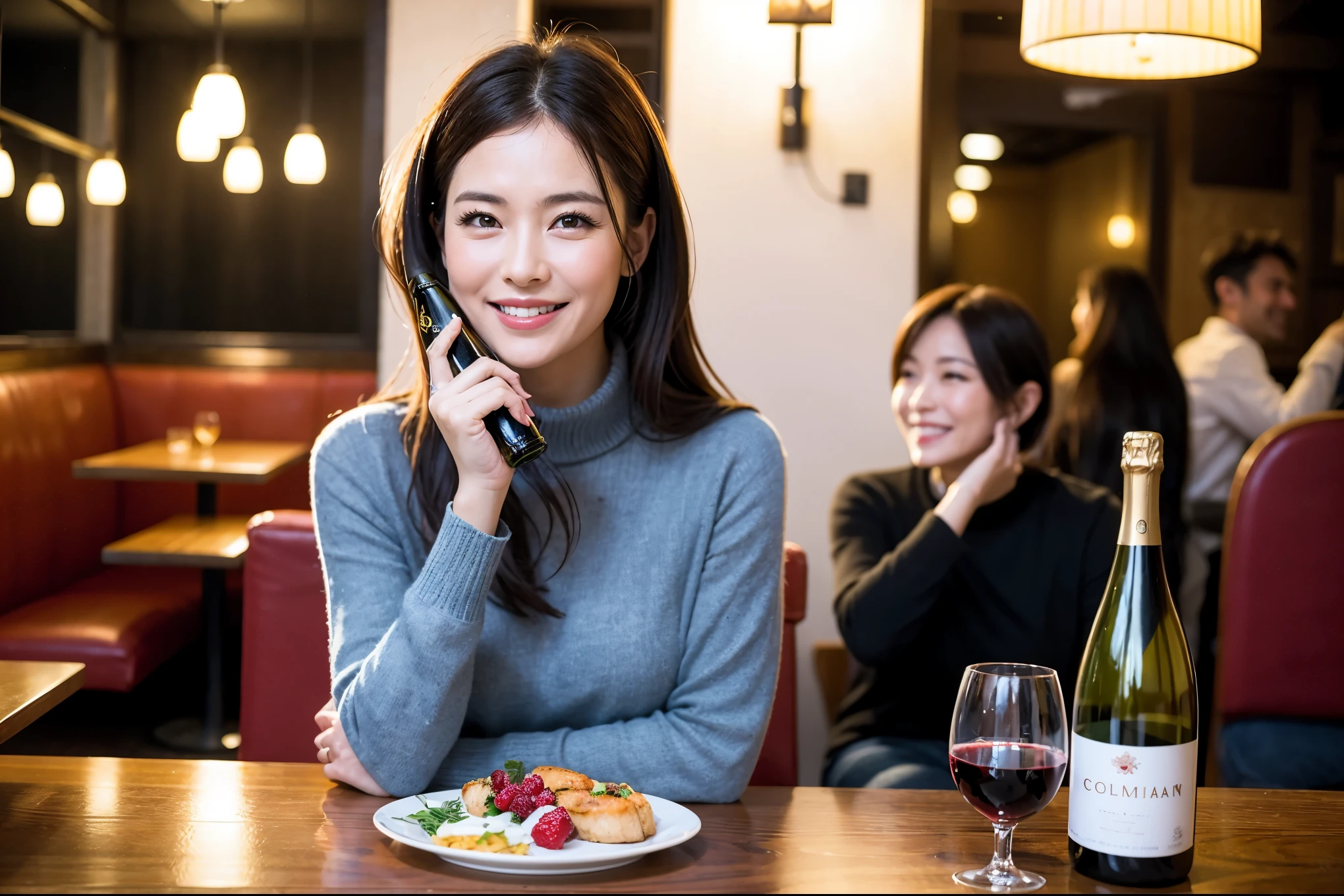 64k, UHD, highest quality, masterpiece: 1.2), (realistic, photorealistic: 1.37),やわらかなsmile、gentle expression、 Super detailed, celebration party、beauty、charm、beautiful mature woman、3 women who love wine、three men、Tokyo、Yokohama、champagne、sparkling wine、winter night、restaurantでワイン宴会、(slimな男女4名),(Wine party for 5 people)、(slimフェイス),Happy、 最高なsmile、Fox Face、Berry Short、(because I'thin), (brown hair), (shortcut), long sleeve shirt、winter fashion、Columbia、Brazilian、Japanese、Dutch、German、Portuguese、Belgian、Italian、french, (gushing), (slimボティ), (brown hair), (shortcut), 端正なbeauty、cheeks blush a little, (41 years old), 38 years old, 35 years old、32 years old、 A beautiful and detailed night view spreads out outside the window........., restaurant, wine glassが座っている, At night, in a prominent place (from the Upper body) nova frog style, actress, model, Upper body, White wine, slim, wine glass, Very beautiful night view, wine glass Put in the Middle, Happy smile, (smile: 1.15),