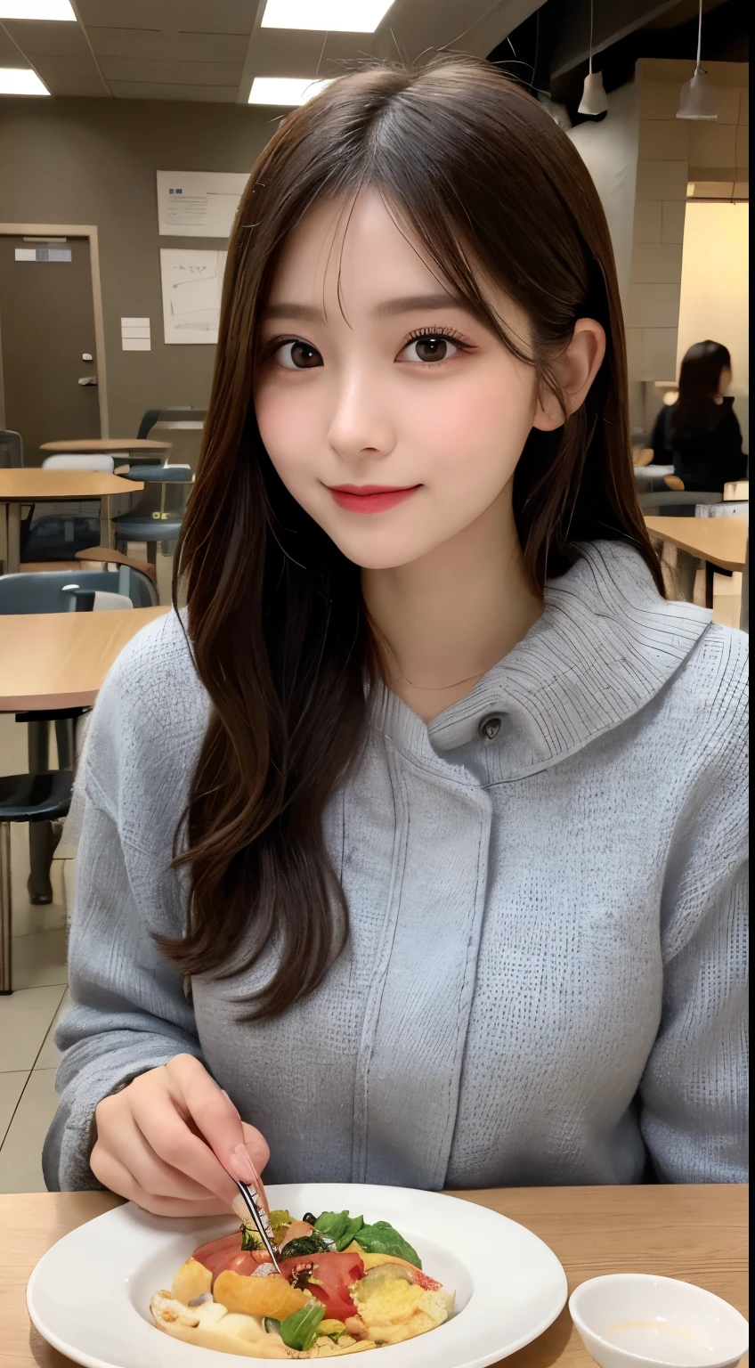 table top, highest quality, shape, Super detailed, finely, High resolution, 8k wallpaper, 完璧なダイナミックな構shape, beautiful and detailed eyes, Fluffy gray Tokyo winter clothes with elegant fur,medium hair,,natural color lip,smile,20 year old girl、cute、Sexy looking at camera,Always blur the background,perfect and beautiful face,Take only the face,beautiful and detailed face、slim face and style、Big eyes、elegant face、beautiful and detailed face、KPOP idol face、japan idol face、Big eyes、cafeteria