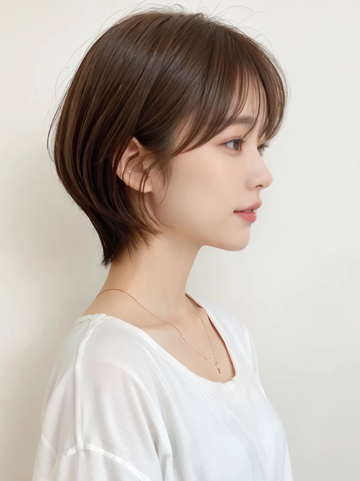 White long sleeve dress、(8K、RAW photo、highest quality、masterpiece:1.2)、High-definition RAW color photo、professional photos、(realistic、photo realistic:1.37)、cinematic light、1 girl、laughter、white wall、Taken in front of the white door、(窓のあるwhite wallの部屋)、Versatile poses、break (ombre:1.3) 、simple necklace、Spring clothes、(Beautiful profile:1.3)、Don't look at the camera、profile、dark brown hair color、short hair