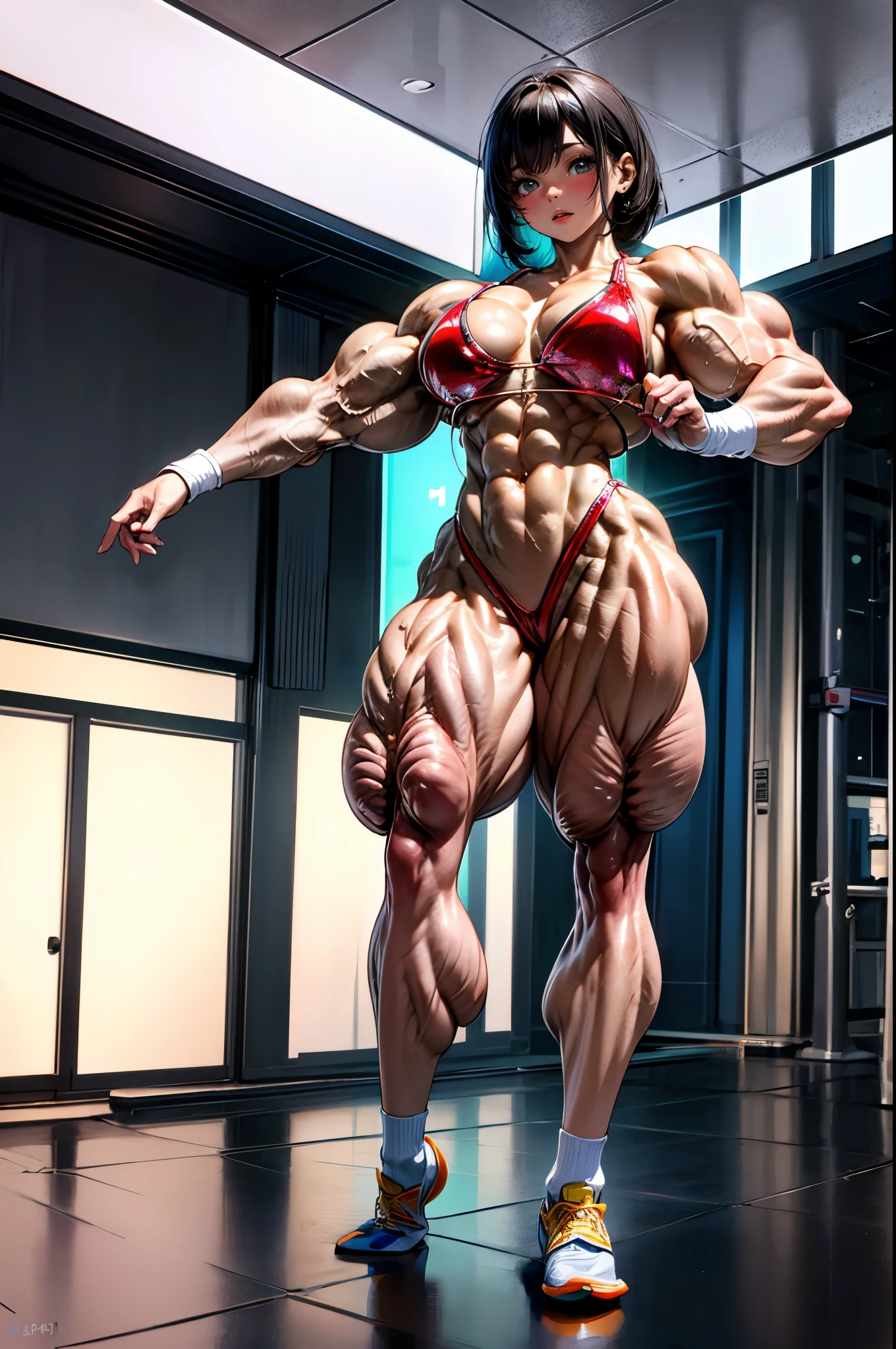 (best lighting) , (Extremely complex and detailed) , 4K unified, (Super detailed CG: 1.2) , (8k: 1.2),(The original), (masterpiece) , (best quality),(masterpiece:1.4),Anime-like high quality,(masterpiece),masterpiece, Super clear picture quality,clearer than,(delicate face)best quality, absurd,((peace master, 4K, 8k, Yes, high resolution))1个girl, female student,,(beautiful bass),((bodybuilder:1.5))(girl),(miss),(((whole body:1)))whole body,In the market,sports shoes,Reflective, hydrated muscles,Muscle stringy,Fair and hydrated skin,Powerful muscle separation,Muscle layering,Muscles like mountain peaks bulge high,High muscle peak,High resolution,No body fat。Sweating profusely,The lights are dim。Super hip,thick legs thick arms