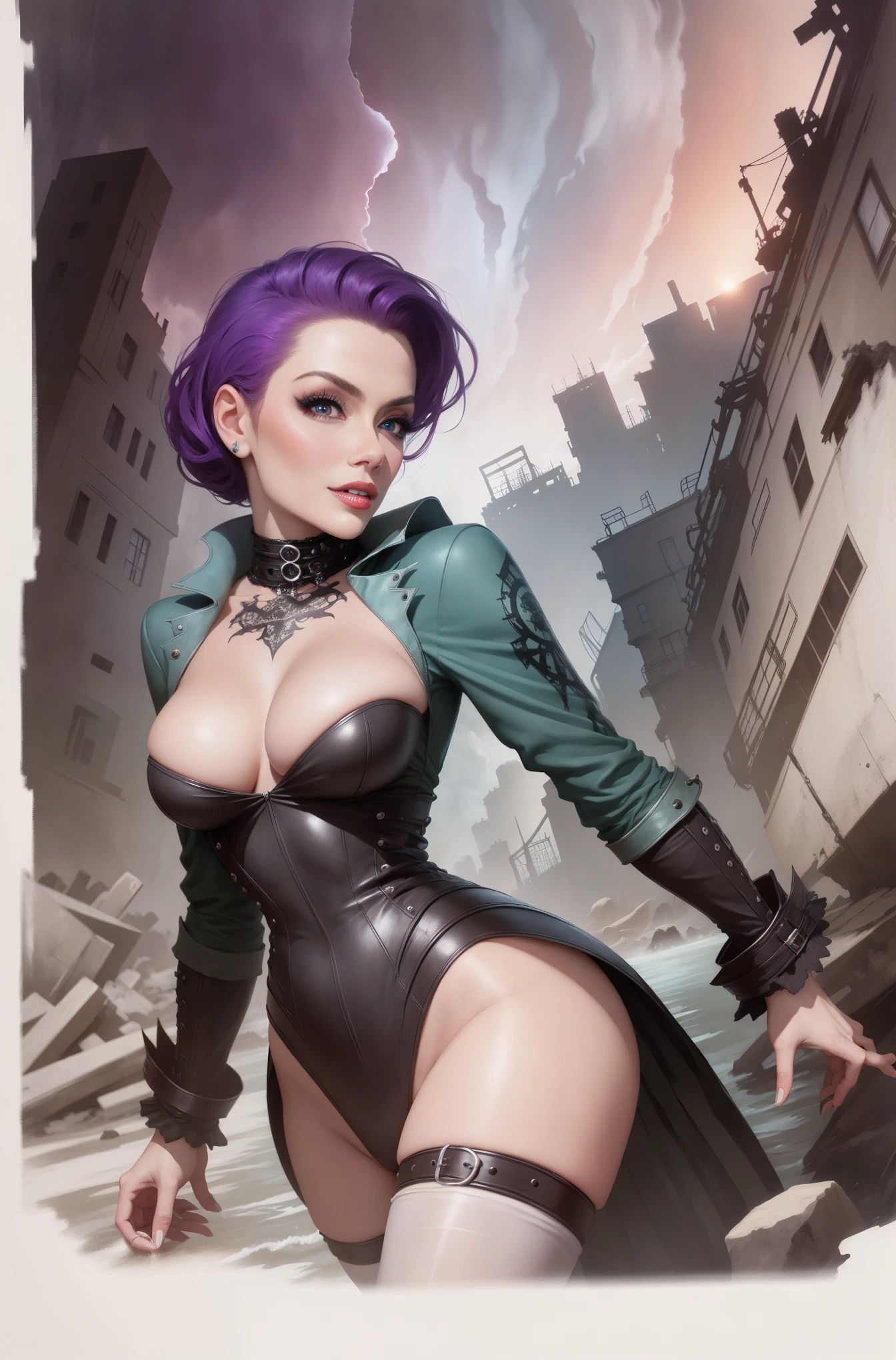 Stunningly beautiful model, pulp-style pin-up style, (well-dressed:1.5), Masterpiece watercolor painting, dangerously beautiful submerged ruinous crazywalls hung with industrial gothic plasma wallpaper character design Einsteinian couture, inspired by the (art styles of Tim Burton:1.1) | Yoshitaka Amano | Magical Realism | in the style of ethereal figures in a Burtonesque world motorcyclist girl