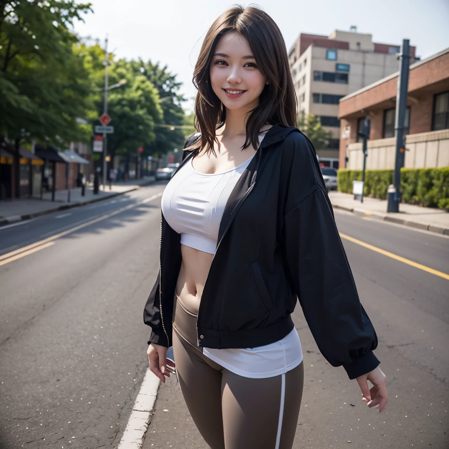 highest quality, ultra high resolution, (realistic:1.4), 1 girl, loose oversized black jacket, white sports bra, (yoga pants:1), (light brown hair:1.2), l Looking at the viewer, smile, fat body, street, urban, compensate, wide angle