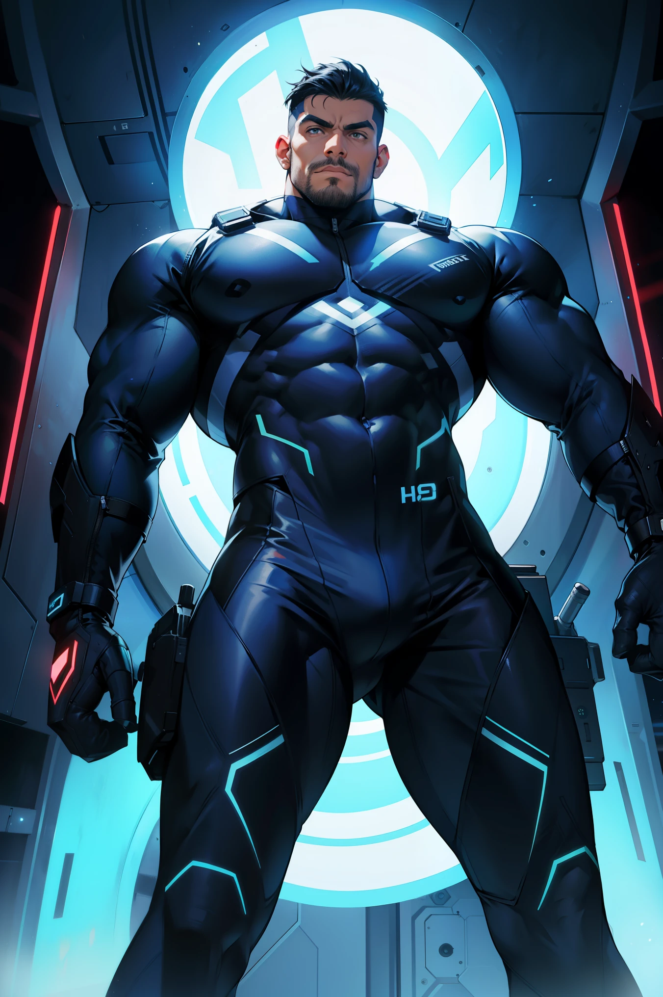 a muscular mexican cyber-hero with black spandex suit in spaceship