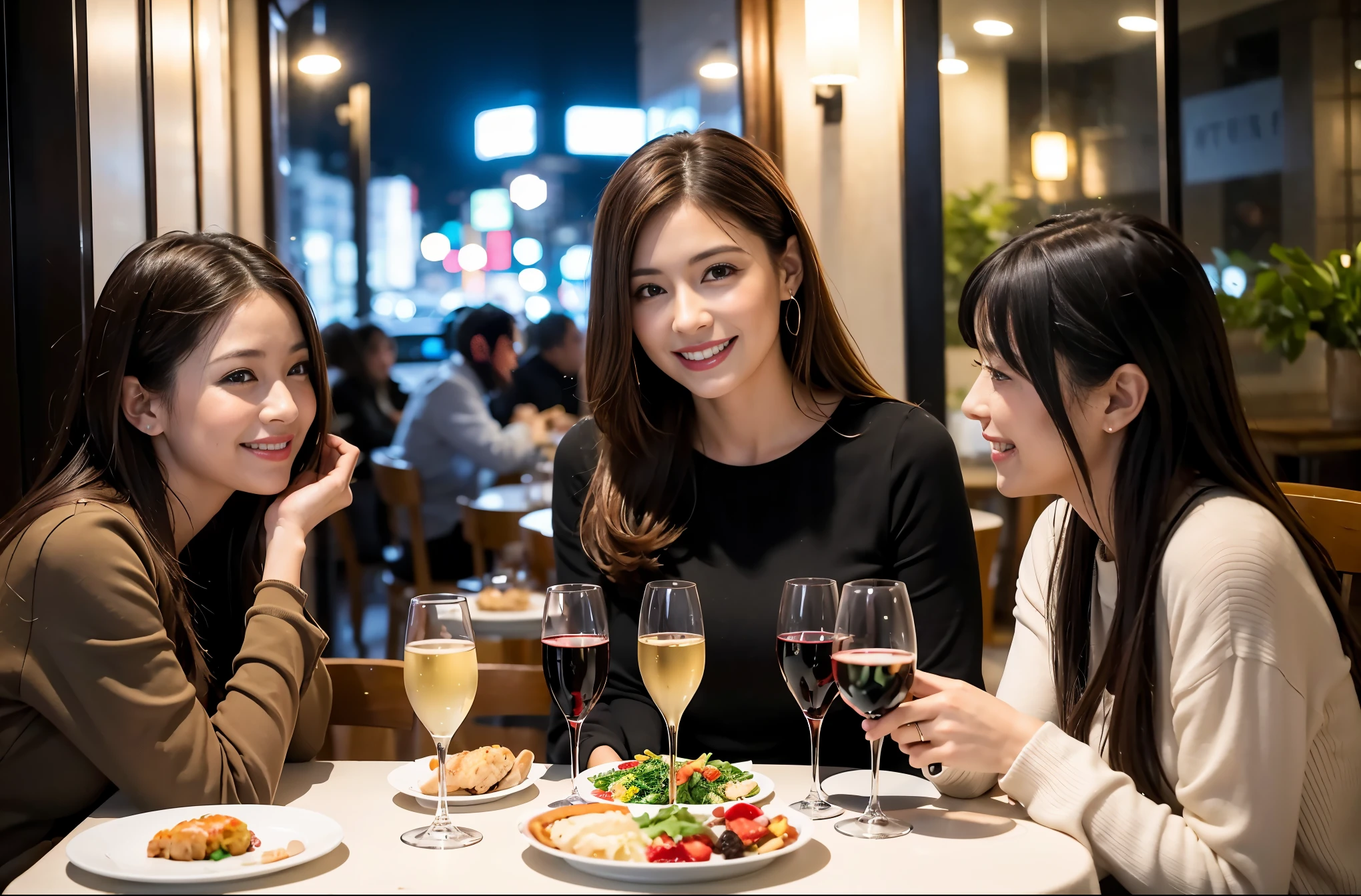 64k, UHD, highest quality, masterpiece: 1.2), (realistic, photorealistic: 1.37), Super detailed, celebration party、beauty、beautiful mature woman、3 women who love wine、three men、Tokyo、Yokohama、champagne、sparkling wine、winter night、restaurantでワイン宴会、(slimな男女4名),(Wine party for 5 people)、(slimフェイス),Happy、 最高なsmile、Fox Face、Berry Short、(because I'thin), (brown hair), (shortcut), long sleeve shirt、winter fashion、Japanese、Dutch、German、Portuguese、Belgian、Italian、french, (gushing), (slimボティ), (brown hair), (shortcut), 端正なbeauty、cheeks blush a little, (34 years old), 38 years old,32 years old、40 years old、 A beautiful and detailed night view spreads out outside the window......., restaurant, wine glassが座っている, At night, in a prominent place (from the Upper body) nova frog style, actress, model, Upper body, White wine, slim, wine glass, Very beautiful night view, wine glass Put in the Middle, Happy smile, (smile: 1.15),