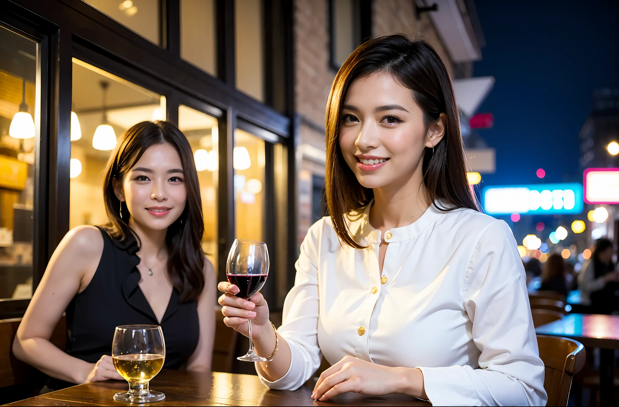 64k, UHD, highest quality, masterpiece: 1.2), (realistic, photorealistic: 1.37), Super detailed, celebration party、beauty、beautiful mature woman、3 women who love wine、three men、Tokyo、Yokohama、champagne、sparkling wine、winter night、restaurantでワイン宴会、(slimな男女4名),(Wine party for 5 people)、(slimフェイス),Happy、 最高なsmile、Fox Face、Berry Short、(because I'thin), (brown hair), (shortcut), long sleeve shirt、winter fashion、Japanese、Dutch、German、Portuguese、Belgian、Italian、french, (gushing), (slimボティ), (brown hair), (shortcut), 端正なbeauty、cheeks blush a little, (34 years old), 38 years old,32 years old、40 years old、 A beautiful and detailed night view spreads out outside the window......., restaurant, wine glassが座っている, At night, in a prominent place (from the Upper body) nova frog style, actress, model, Upper body, White wine, slim, wine glass, Very beautiful night view, wine glass Put in the Middle, Happy smile, (smile: 1.15),