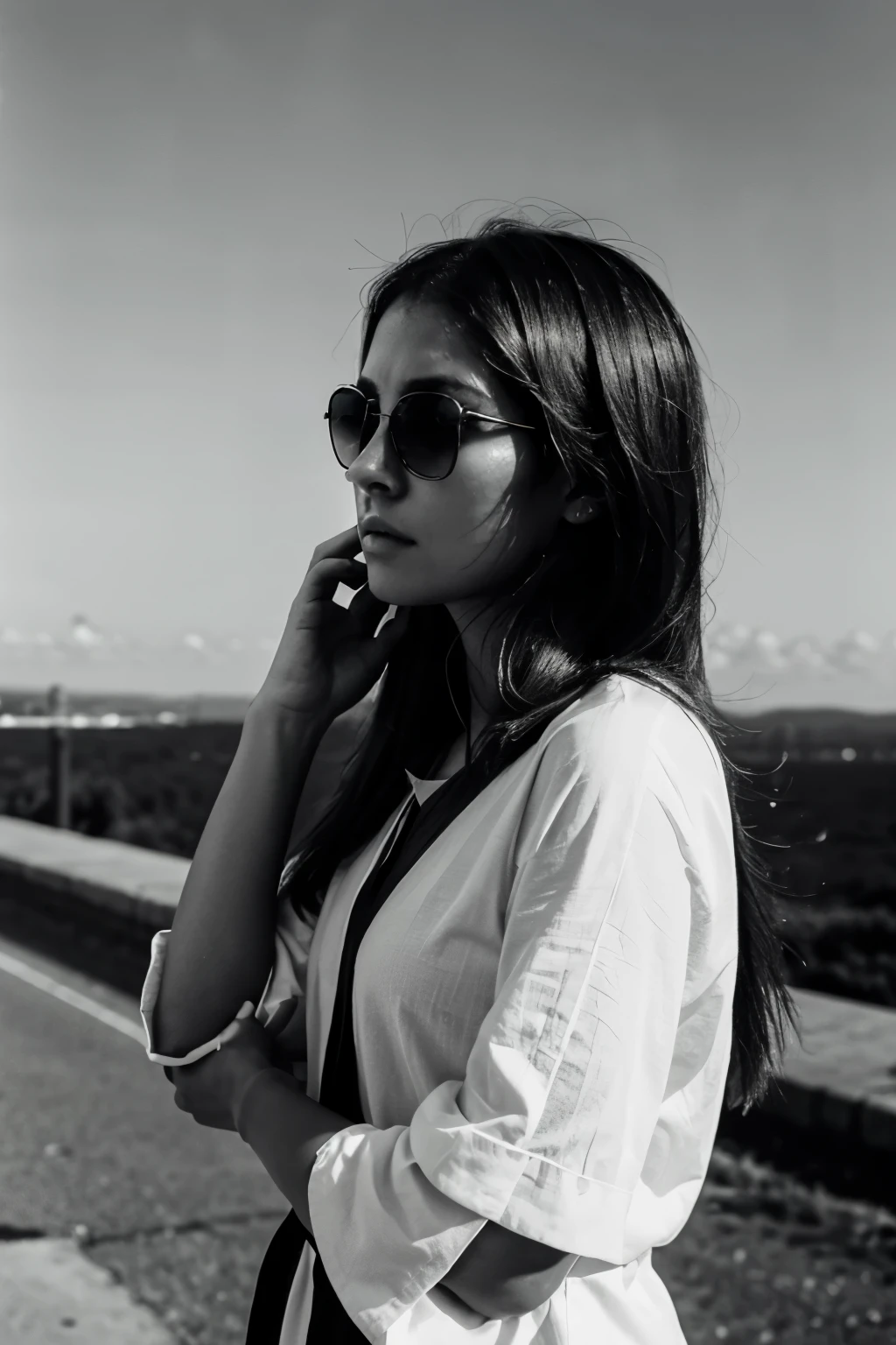 A solitary figure with sunglasses, her hand resting on her arm as she gazes into the distance, lost in thought. The image is rendered in a stark, black and white style, emphasizing the girl's isolation and introspection.