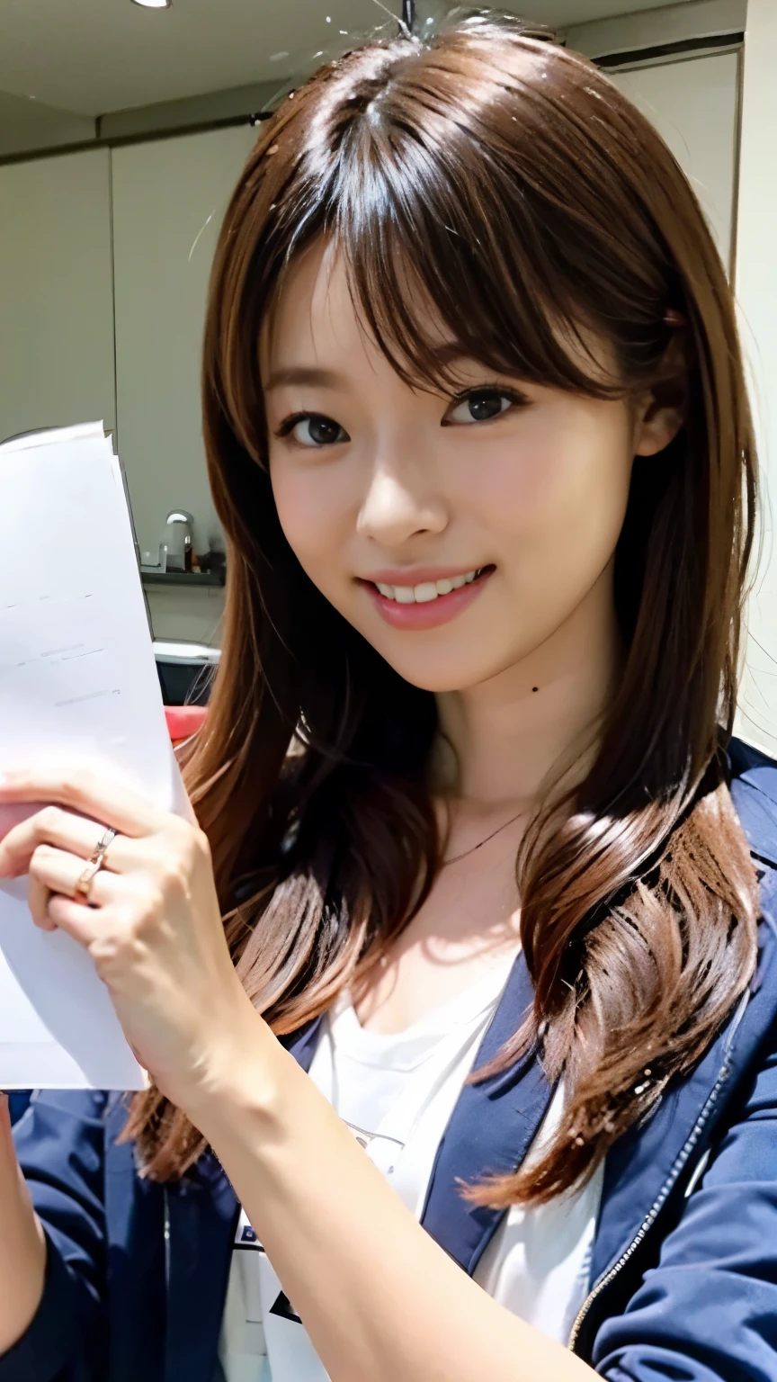 A very popular and beautiful young news program host,braiding long hair,Read aloud from a paper manuscript held in both hands while wearing a shirt and jacket,(((Read the manuscript with your chin tilted and a smile on your face))),Photographed from behind,best image quality,professional angle of view,outstanding detail,Super high resolution,realistic:1.4),high detail,focus on details,1girl concentrated in high concentration,beautiful chestnut hair,Beautiful face with a delicate and high nose,beautiful decolletage,