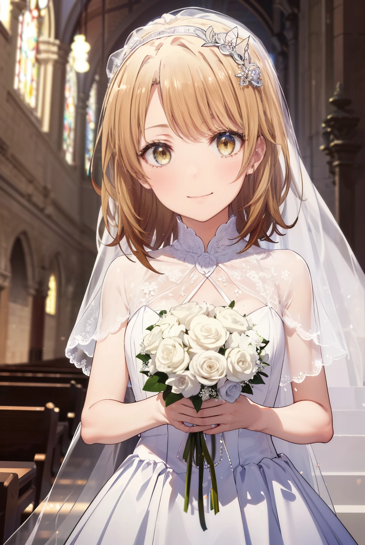irohaisshiki, Isshiki Iroha,long hair, brown hair, (brown eyes:1.5), smile,Wedding dress、Wedding Skirts,veil,bouquet,両手でbouquetを所有している
break indoors, church,チャペル
break looking at viewer,Upper body, whole body,
break (masterpiece:1.2), highest quality, High resolution, unity 8k wallpaper, (shape:0.8), (beautiful and detailed eyes:1.6), highly detailed face, perfect lighting, Very detailed CG, (perfect hands, perfect anatomy),