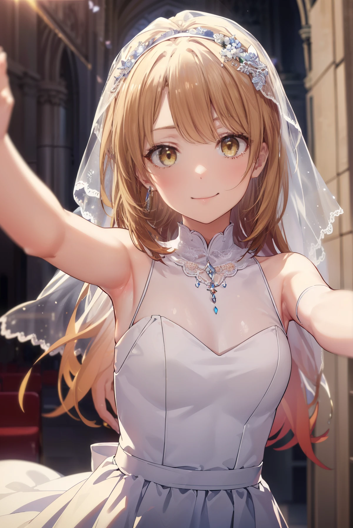 irohaisshiki, Isshiki Iroha,long hair, brown hair, (brown eyes:1.5), smile,Wedding dress、Wedding Skirts,veil,bouquet,両手でbouquetを所有している
break indoors, church,チャペル
break looking at viewer,Upper body, whole body,
break (masterpiece:1.2), highest quality, High resolution, unity 8k wallpaper, (shape:0.8), (beautiful and detailed eyes:1.6), highly detailed face, perfect lighting, Very detailed CG, (perfect hands, perfect anatomy),