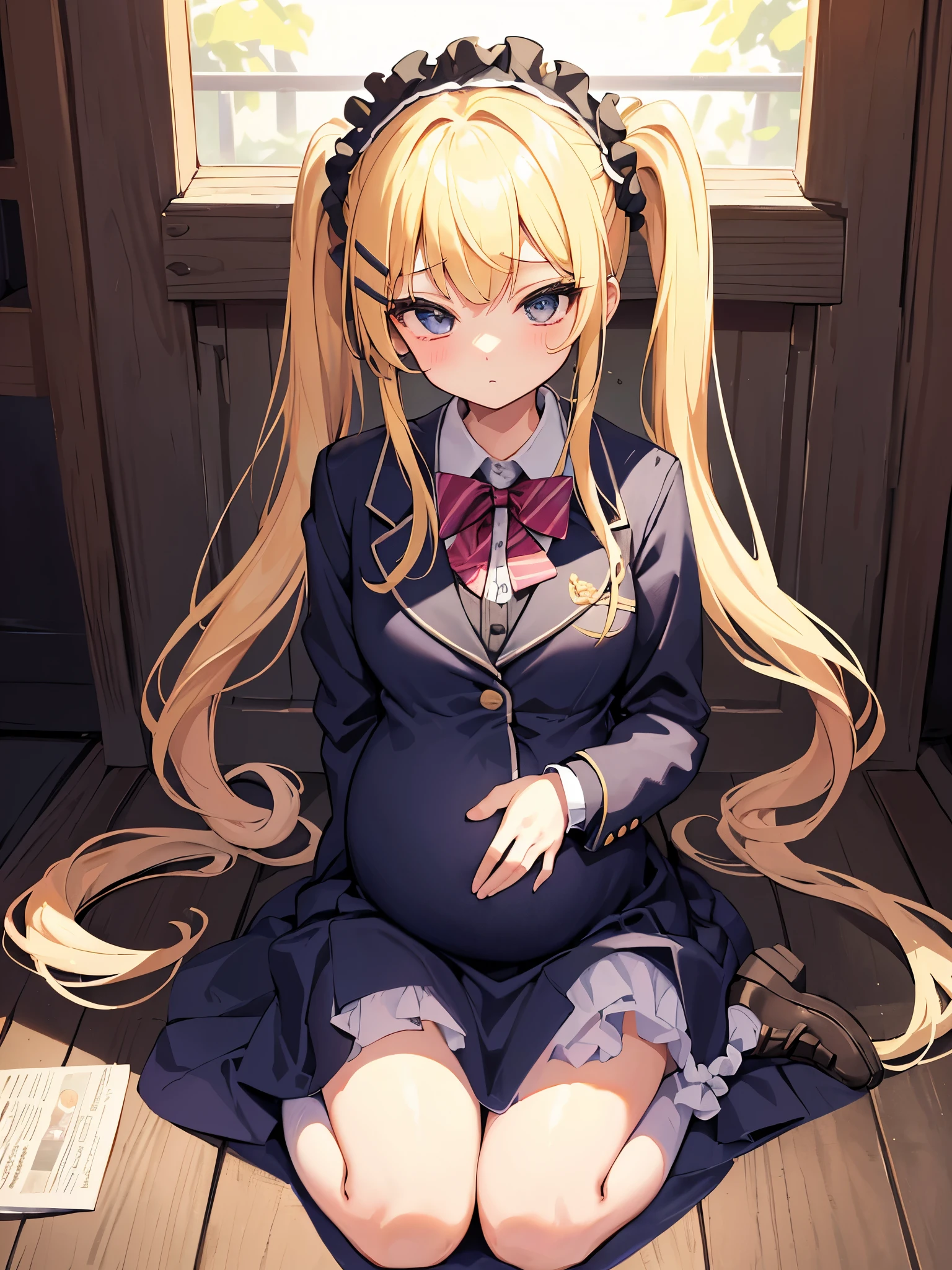 masterpiece, best quality,pregnant junior high school girl、1girl、solo、
blonde hair,twintails hairstyle、Scrunchie decoration on hair、Confident face、
(matanity maxi dress,ridge knitting)、school-blazer-jacket、Thighhighs of black 、
(wariza,sit)