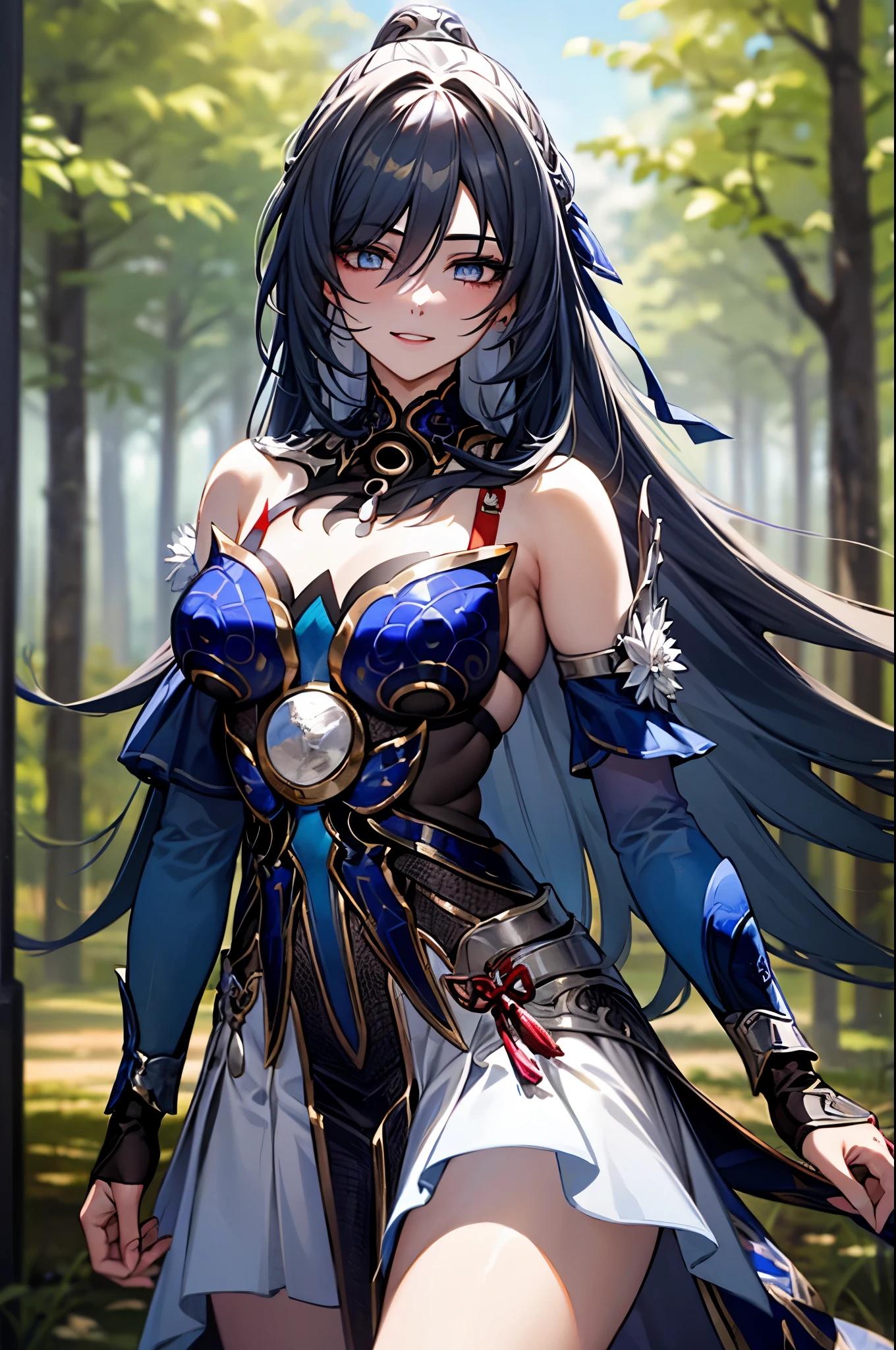 masterpiece, best quality, ultra high resolution, ultra detailed, adult woman, height 190 cm, mature, age around 20 years old, black hair, long hair with curled ends, sapphire blue eyes, above average breasts, wide hips , 1 woman, alone, Takeda hiromitsu style, smiling, happy smile, wearing a formal black dress, black dress highly detailed in gold, beautiful, forest, tree, ultra excited expression, medium height, noble