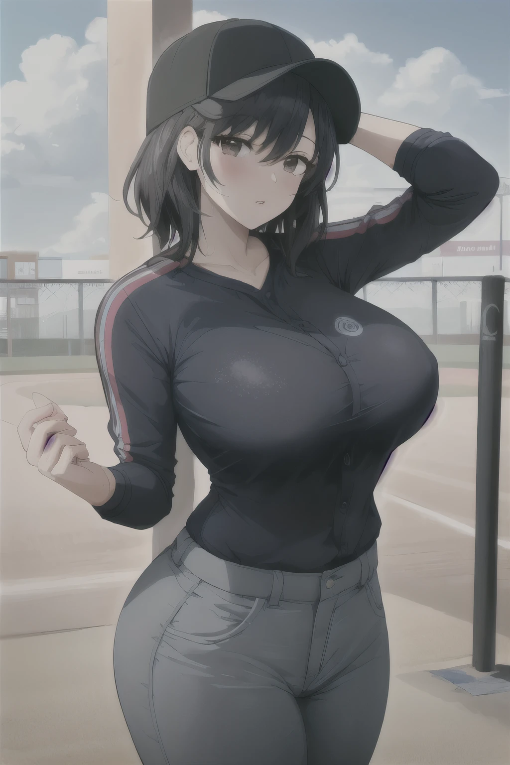 Neo Koirel, masterpiece, highest quality, 1 girl, baseball uniform, alone, baseball mitt, baseball cap, have, baseball, null, sportswear, cloud, black hair, blue null, Day, holding, shirt, bangs, medium hair, long sleeve, Are standing, holding ball, outdoor, looking at the viewer, parted lips, big breasts, mature woman,(huge breast),round breast,toned stomach,athletic body,slender,(bra under the shirt),wet clothed