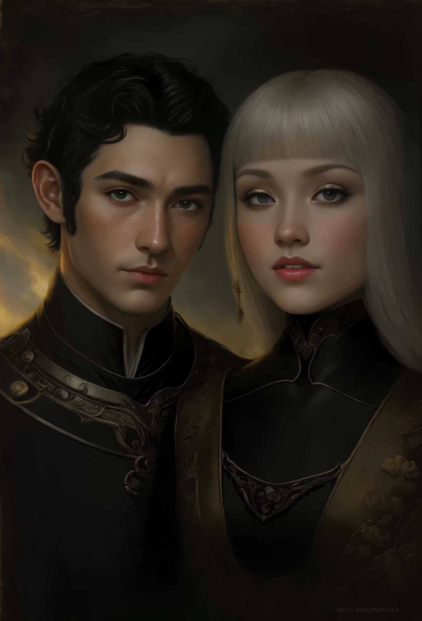 picture of a man and a woman, posing for a painting in a painting, romance novel cover, rob rey and kentarõ miura style, Portrait of a couple, Дариус Завадски и Tom Bagshaw, Wlop and Andrey Ryabovichev, rob rey and kentarõ miura, Tom Bagshaw, Чарли Боуотер и Tom Bagshaw