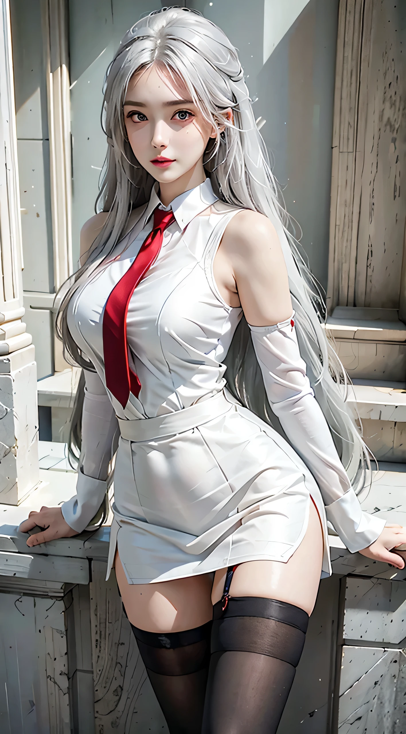 Top quality work， Photorealistic works， Ultra Premium Graphics，8K HD CG works， High-quality graphics， High-definition fine CG works，10x pixel， Ultra-fine details：1.1， Advanced technical details：1.1Photographically realistic,  1women, solo, hips up, shining skin, (detailed face), rabbit ears, white hair, necktie, wrist cuffs (wearing a satin corset and thigh highs), skirt, jewelry, tattoo, A high resolution, Transparent hair， High Detail Hair（Premium Hair Detail：1.1）Clear eyes， Good looking double eyelids， Sharp eye makeup, Delicate makeup for eyelashes, Thin eyebrows, ultradetailed eyes， High Nose, lovely red lips, Rose cheeks, Face with delicate makeup, Pretty Face, A perfectly proportioned face,（Advanced facial details：1.1）, Women's Artwork，full-body view， Goddess of Dress，， amazing， Today's eyes are bright,