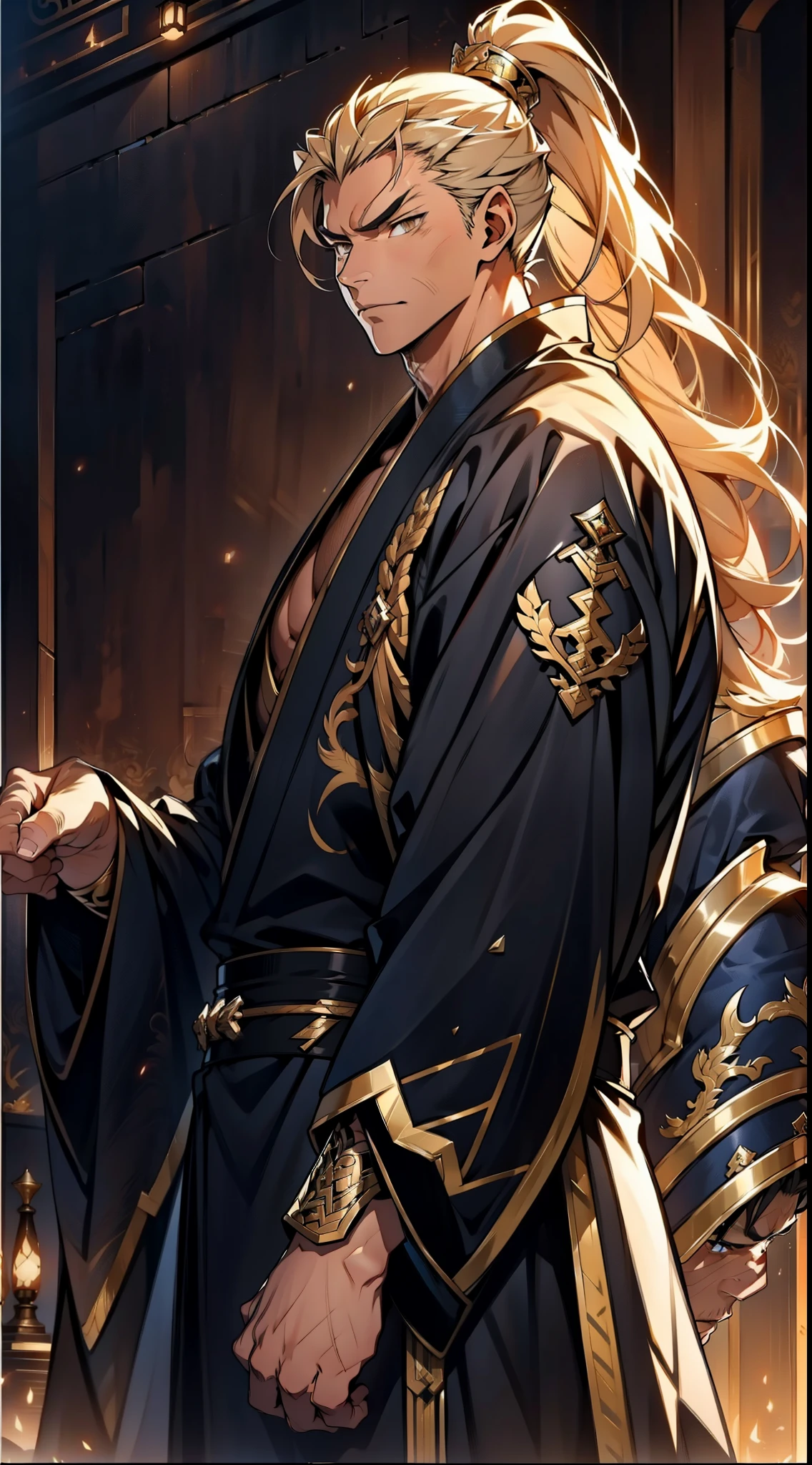 Two dimensions,anime style,one person(male warrior),proportions are correct,facial details,swordsman,high ponytail hairstyle,neck detail,Have an Adam's apple,Black and gold robe,joke,Black and gold robe,clothing details,Hand over,long sleeves,Game quality,fencing,Ray tracing,Ray tracing,Detailed glow,CG rendering,hair details,Long black and blond hair,Black-gold eyes,Handsome,Handsome,(Youthful feeling),Clothing is complicated,Perfect composition,refine,high quality,higher details,many details,Complex background,a sense of atmosphere,