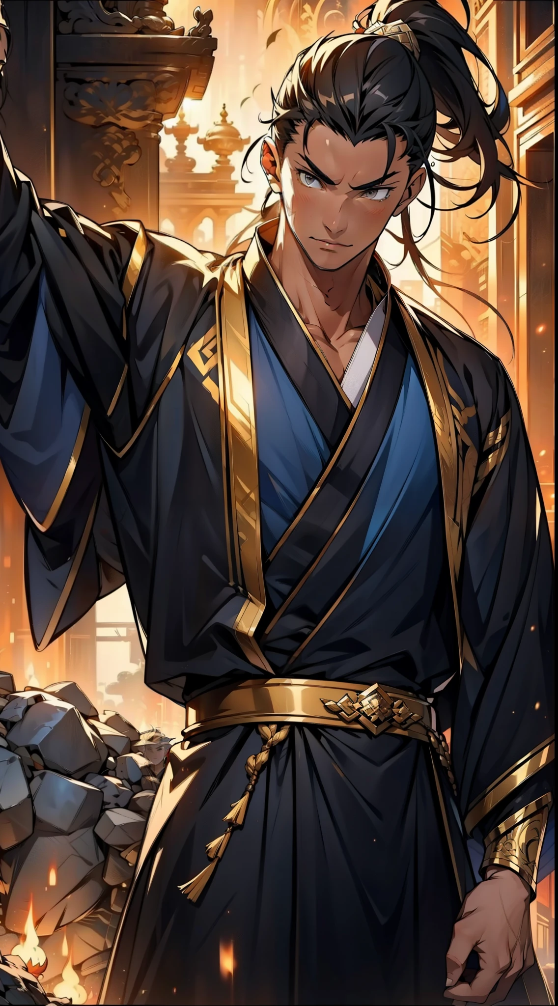 Two dimensions,anime style,one person(male warrior),proportions are correct,facial details,swordsman,high ponytail hairstyle,neck detail,Have an Adam's apple,Black and gold robe,joke,Black and gold robe,clothing details,Hand over,long sleeves,Game quality,fencing,Ray tracing,Ray tracing,Detailed glow,CG rendering,hair details,Long black and blond hair,Black-gold eyes,Handsome,Handsome,(Youthful feeling),Clothing is complicated,Perfect composition,refine,high quality,higher details,many details,Complex background,a sense of atmosphere,