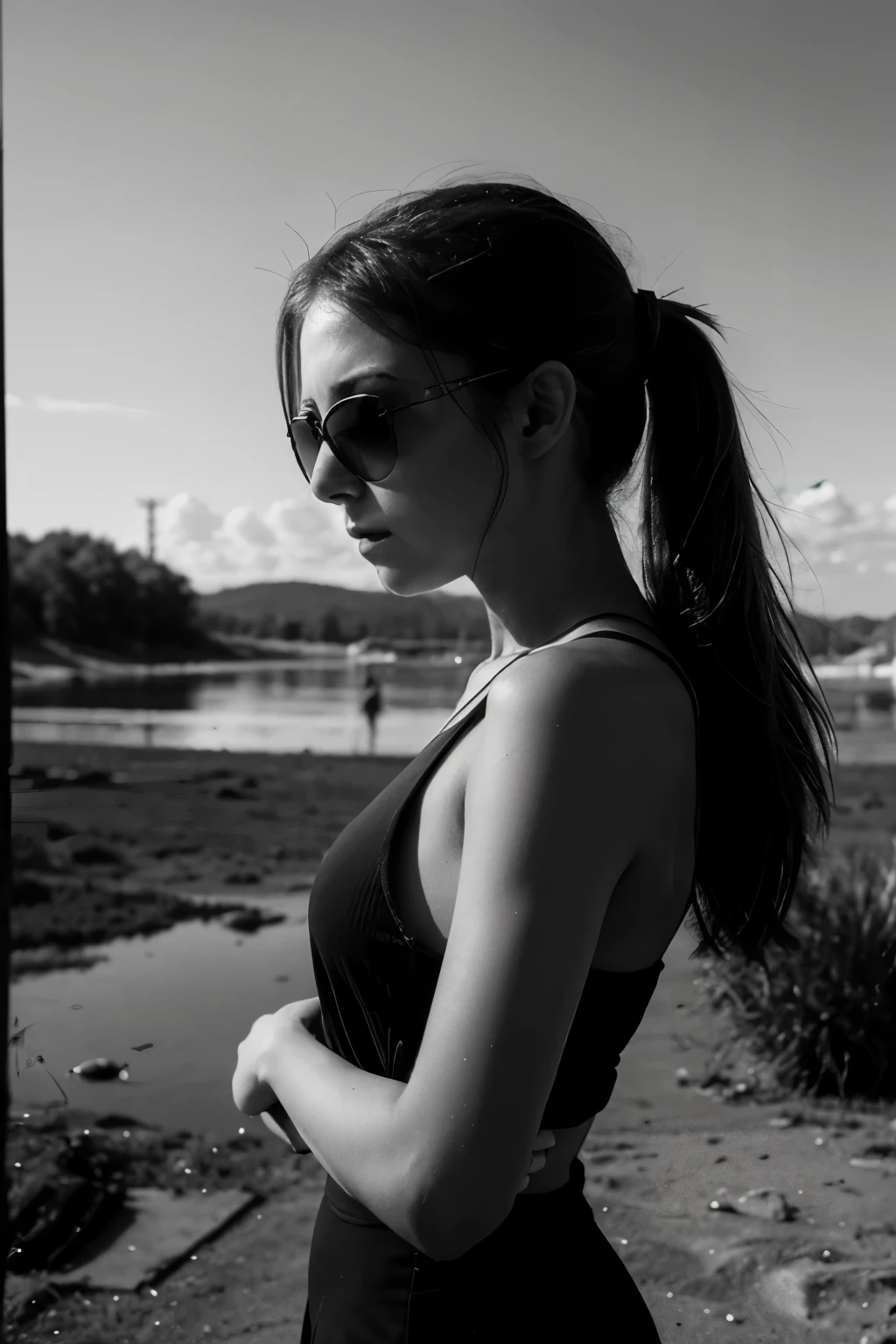 A solitary figure with sunglasses, her hand resting on her arm as she gazes into the distance, lost in thought. The image is rendered in a stark, black and white style, emphasizing the girl's isolation and introspection.