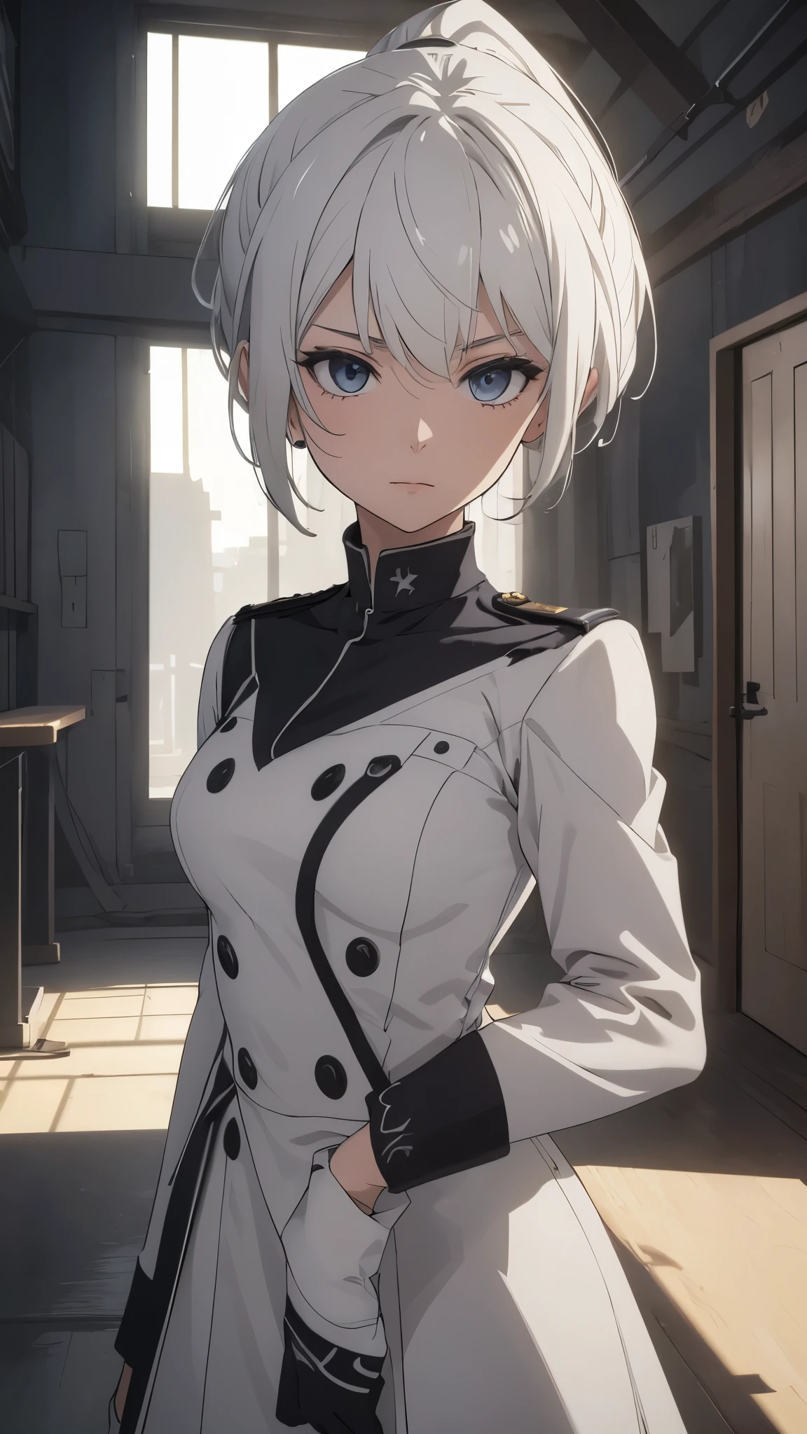 (extremely detailed CG unity 8k wallpaper), (masterpiece), (best quality), (ultra-detailed), (best illustration), (best shadow), (absurdres), 2b, 1girl, short hair, short ponytail, normal size , white hair, solo, Intimidating women, admiral uniform, night, hero pose, white clothes, General Uniform, Military Uniform, Sunlight, exposed to sunlight,commander, fighting pose