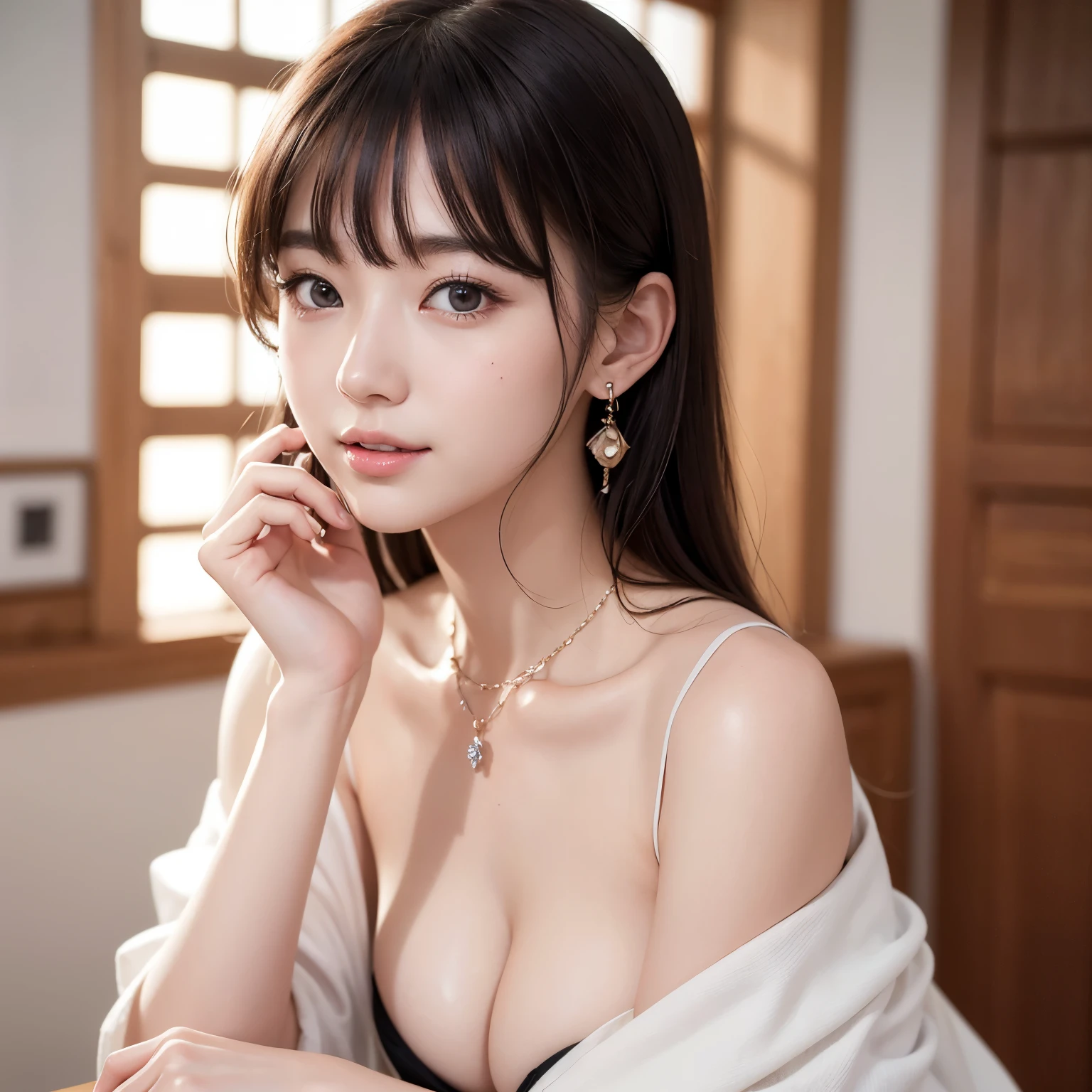 (8K, RAW photo, highest quality, masterpiece: 1.2), Super detailed, super resolution, (genuine, genuine photos: 1.37), portrait, High-definition RAW color photo, professional photos, 非常に詳細で美new, very detailed, 8k wallpaper, amazing details, huge file size, official art, very detailed CG Unity 8k wallpaper, very detailed beautiful girls, very detailed facesHighly detailed eyes, Very fine skin, very detailed fingers, very small nose, very detailed detailed mouth, perfect anatomy, detailed background, Fine clothes,20th generation, cute girl, genuineistic body, white skin, glowing skin, (dull bangs: 1.2), smile, cute, like々new, cute face, genuineistic face, delicate eyes, sagging eyes, fashionable clothes、tight costume、 (悲new表情), ((sexy and dynamic pose)), necklace, earrings, looking at camera, Contrapos, dynamic lighting, G cup breasts,big breasts、I can see the cleavage、whole body、shortcut