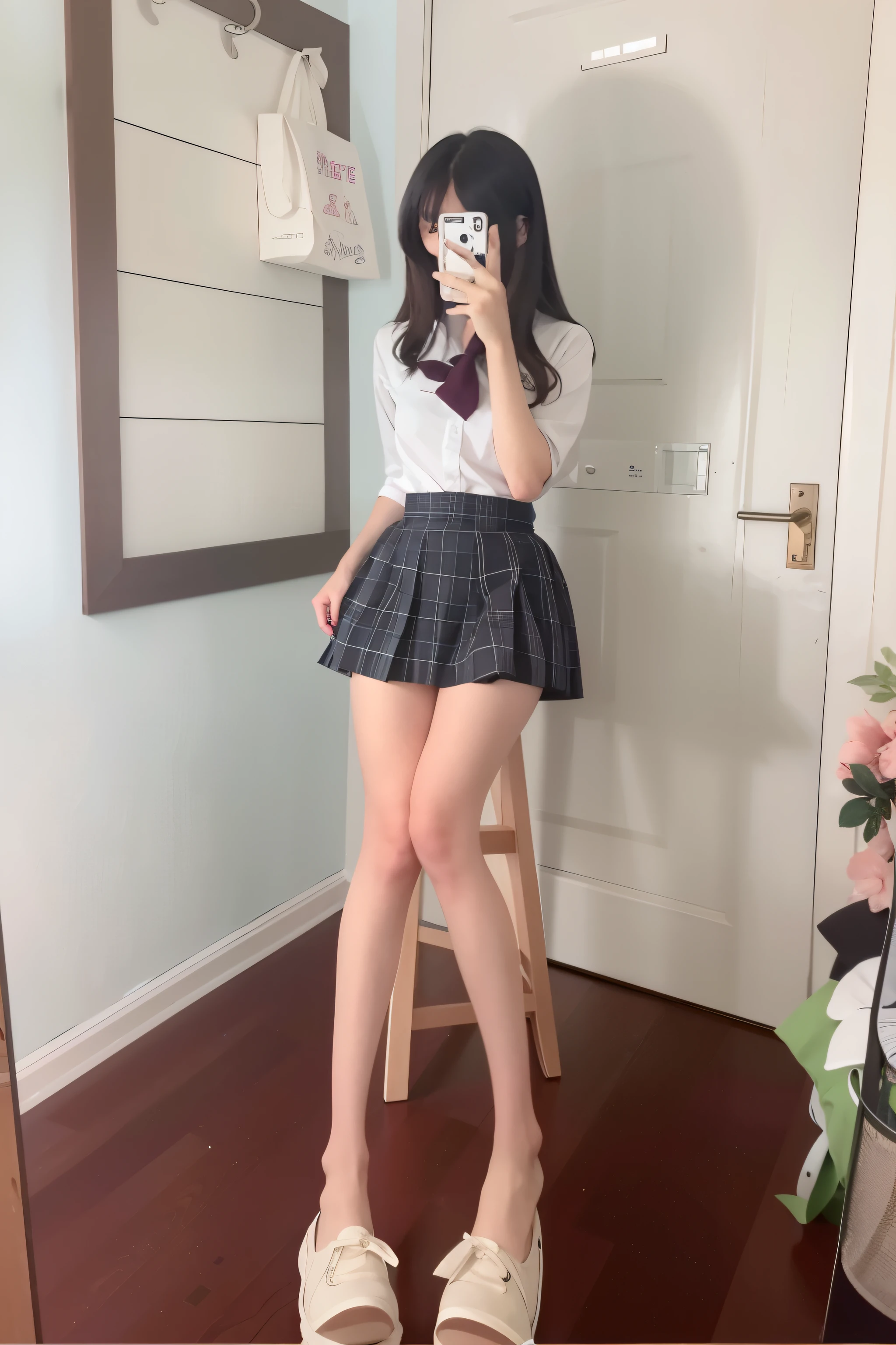 A woman takes a picture of herself in the mirror, cute schoolgirl, a hyperactual schoolgirl, hyperactual schoolgirl, 8k)), stockings and skirt, Dress up as a schoolgirl, wear a skirt, wear a skirt and high socks, consisting of a female student, Jie Kang, actual 