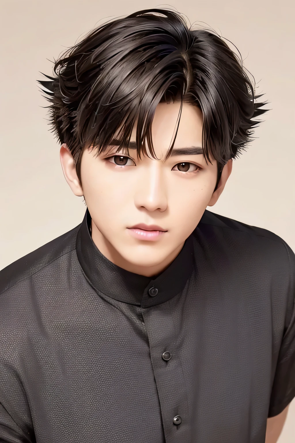 1 person、high quality,masterpiece,8K,、((spiky hair))、、black shirt、 (shot from above)、(head shot)、 、