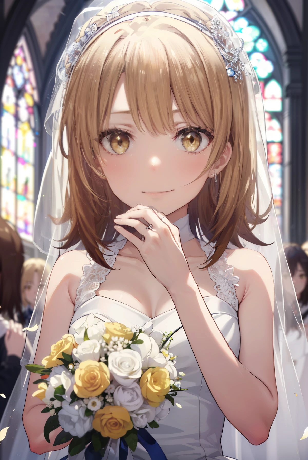 irohaisshiki, Isshiki Iroha,long hair, brown hair, (brown eyes:1.5), smile,Wedding dress、Wedding Skirts,veil,bouquet,両手でbouquetを所有している
break indoors, church,チャペル
break looking at viewer,Upper body, whole body,
break (masterpiece:1.2), highest quality, High resolution, unity 8k wallpaper, (shape:0.8), (beautiful and detailed eyes:1.6), highly detailed face, perfect lighting, Very detailed CG, (perfect hands, perfect anatomy),