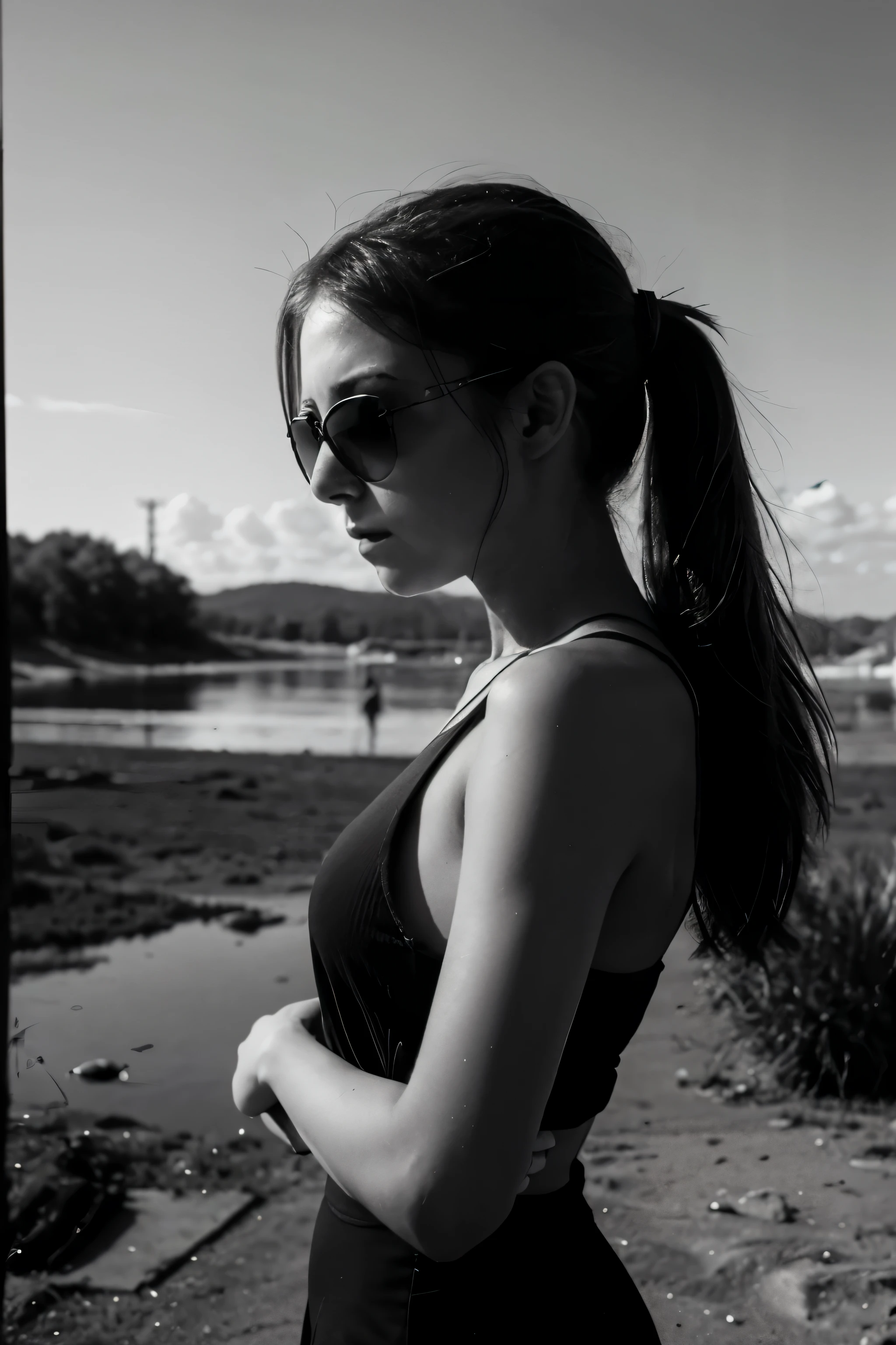 A solitary figure with sunglasses, her hand resting on her arm as she gazes into the distance, lost in thought. The image is rendered in a stark, black and white style, emphasizing the girl's isolation and introspection.