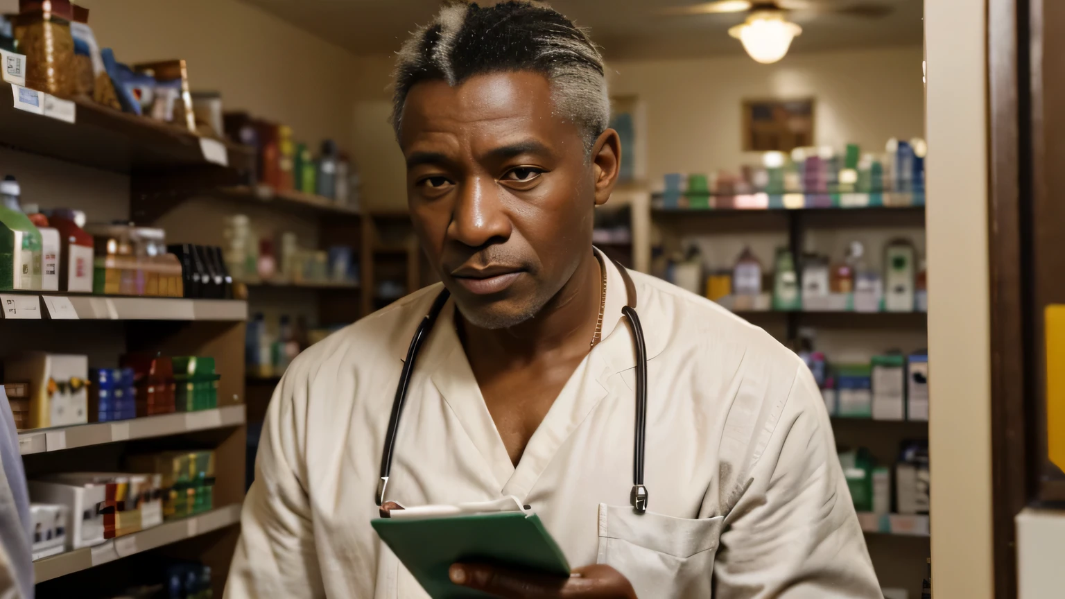 imagine a hyper-realistic 8k image of an african male pharmacist aged 44 years. he is looking so focused, background is a blurred picture of a rickety old fashioned colorful drugstore. All are africans