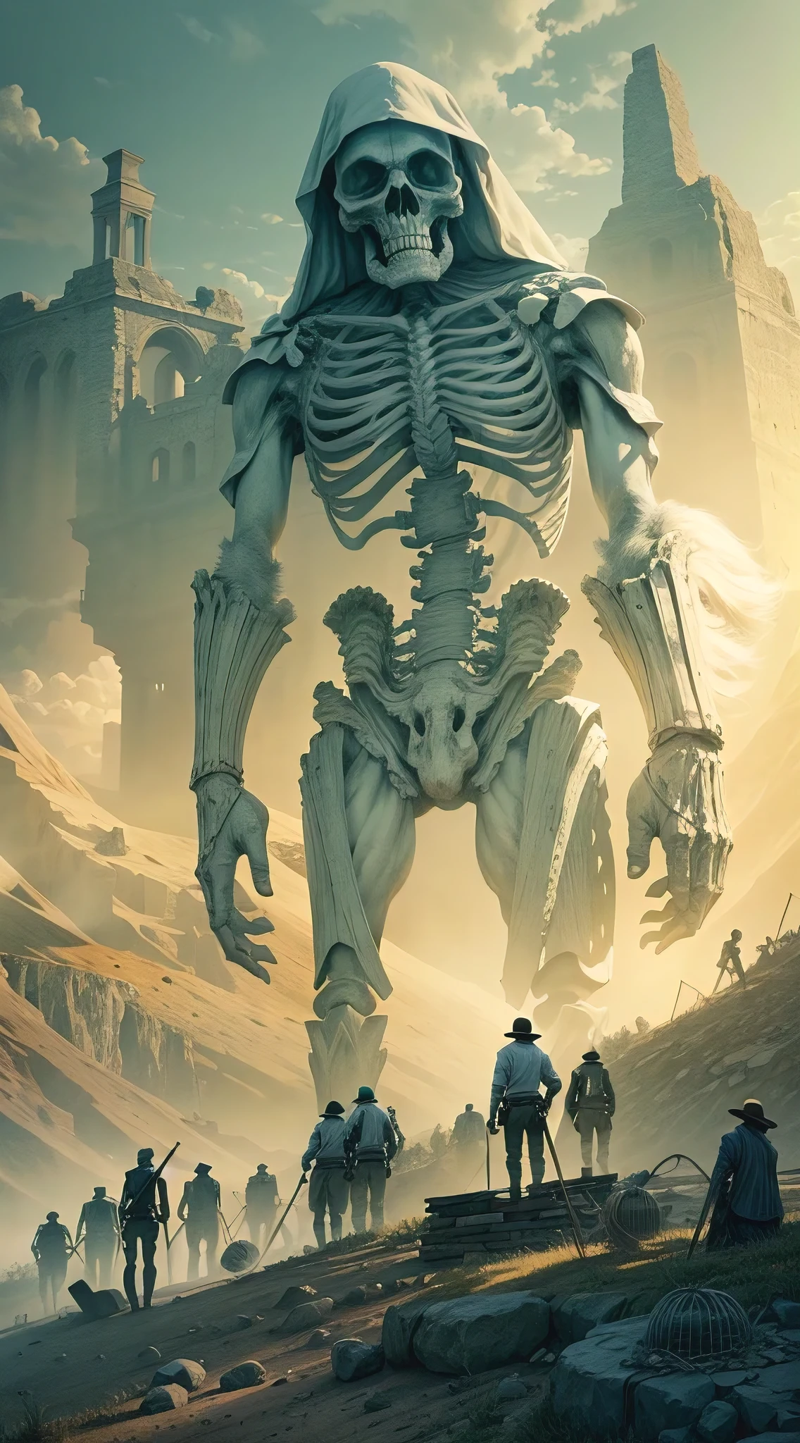 An eerie illustration of giant skeletons emerging from the mounds of America, casting long shadows in the fading light of dusk. The skeletons depicted in various states of excavation, with archaeologists working diligently to uncover their secrets. The scene evokes a sense of mystery and wonder, tinged with the thrill of discovery