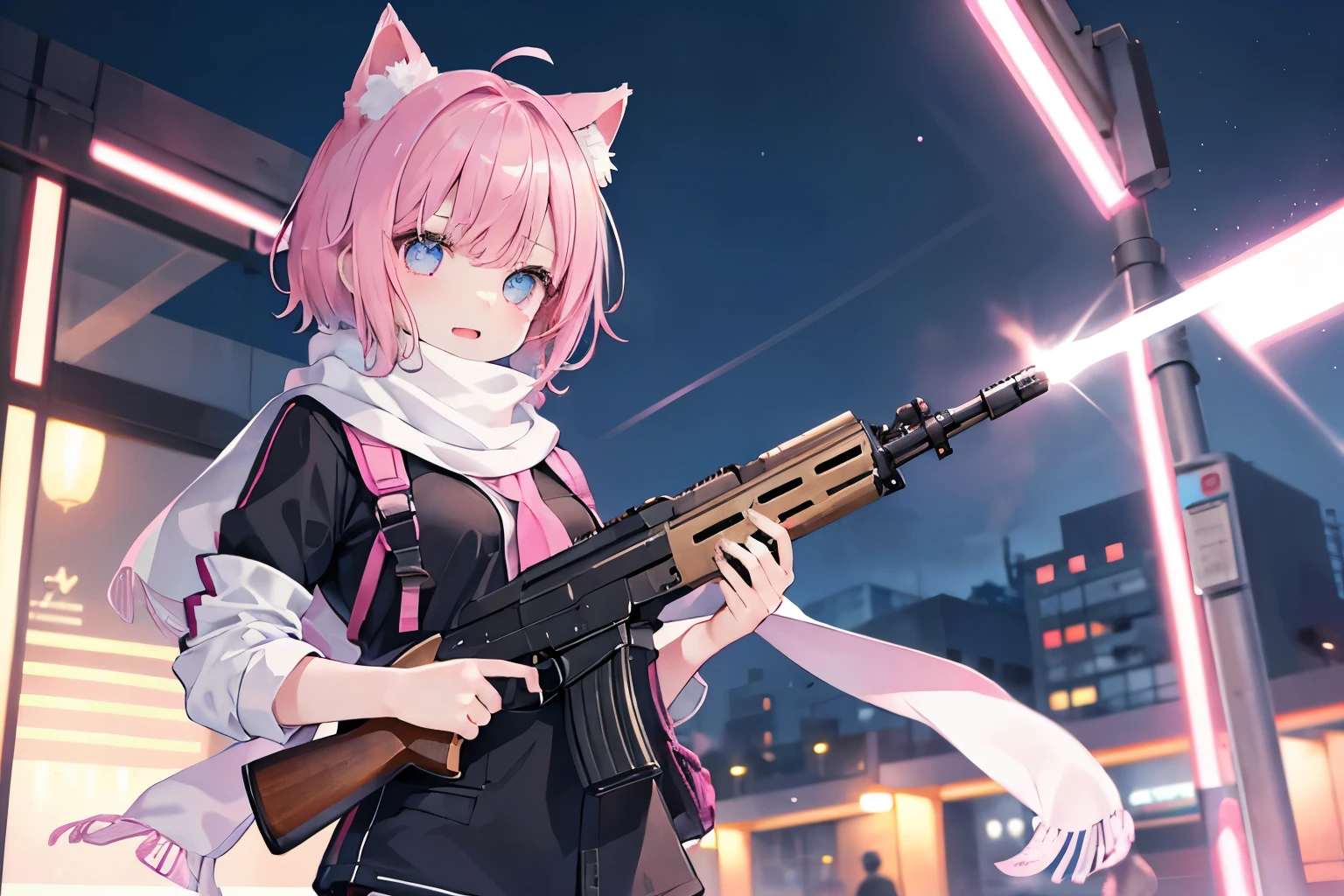 Very beautiful and shining eyes、shining eyes、1 girl、small breasts、big mouth、high school girl、small breasts、Cat ear、Transparent pink short hair、scarf、hot pants、Near the future、neon、hold a gun、assassin、AK47