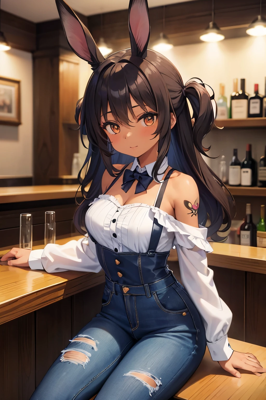 ((1girl, masterpiece, best quality)), rabbit girl, dark skin, tan, black hair, rabbit ears, actually attached rabbit ears, open shoulder blouse, jeans, sitting at a bar, bar interior,animal ears,curly hair, brown eyes, rabbit girl in a flowy open-shoulder blouse sitting a bar, lop rabbit ears, brown fur,((butterfly tattoo on her right shoulder)),sfw