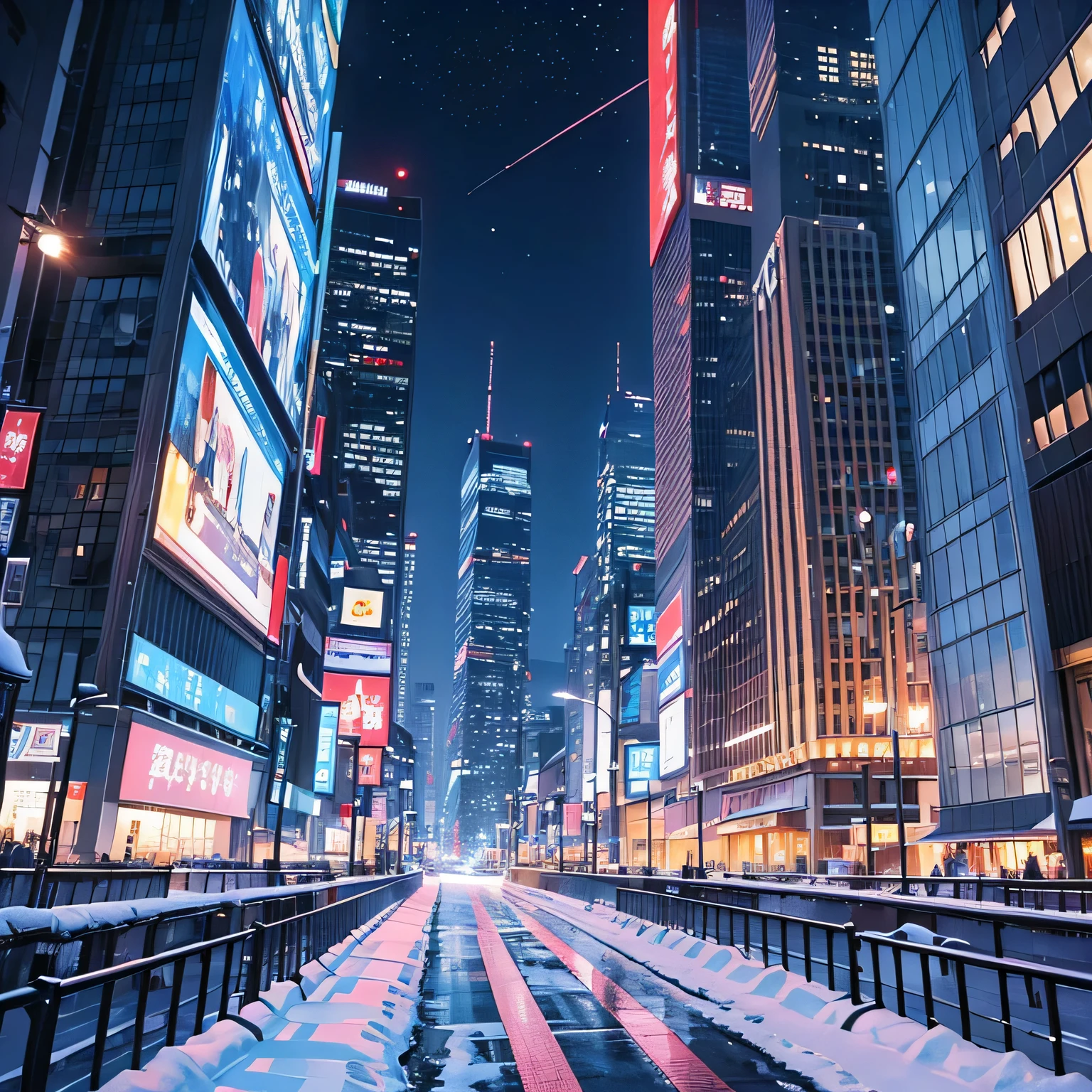 snowが積もる都会のnightの風景、An intersection looking up at skyscrapers、night、snow、anime scenery