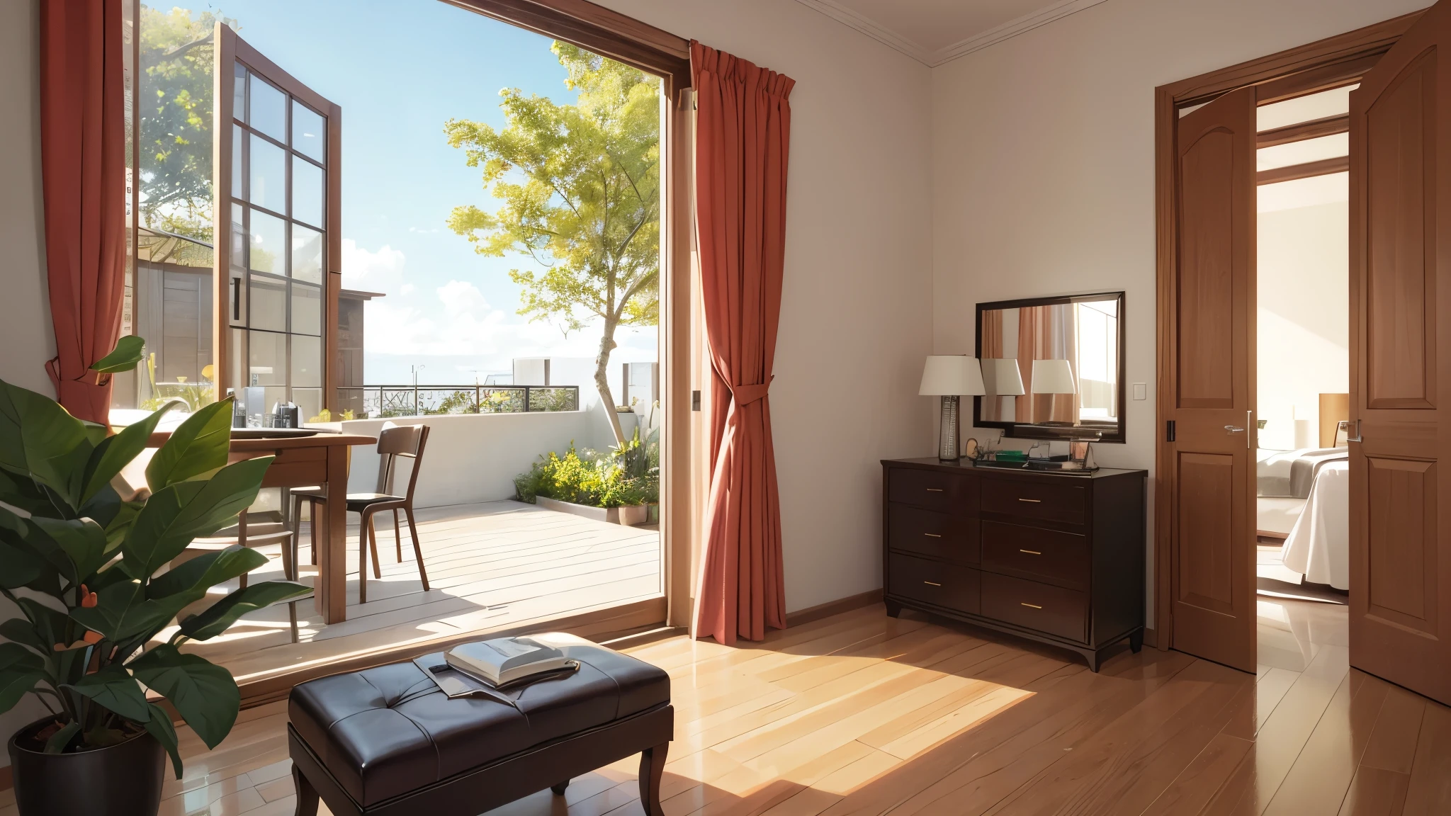 You are a famous interior designer、You have been asked to create a 3D image of a modern large room. Create a harmonious environment with modern and minimalist furniture. Including garden interior.