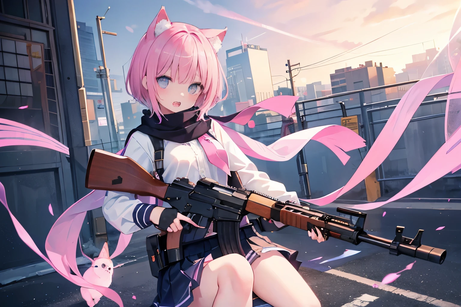 Very beautiful and shining eyes、shining eyes、1 girl、small breasts、big mouth、high school girl、small breasts、Cat ear、Transparent pink short hair、scarf、hot pants、Near the future、neon、hold a gun、assassin、AK47