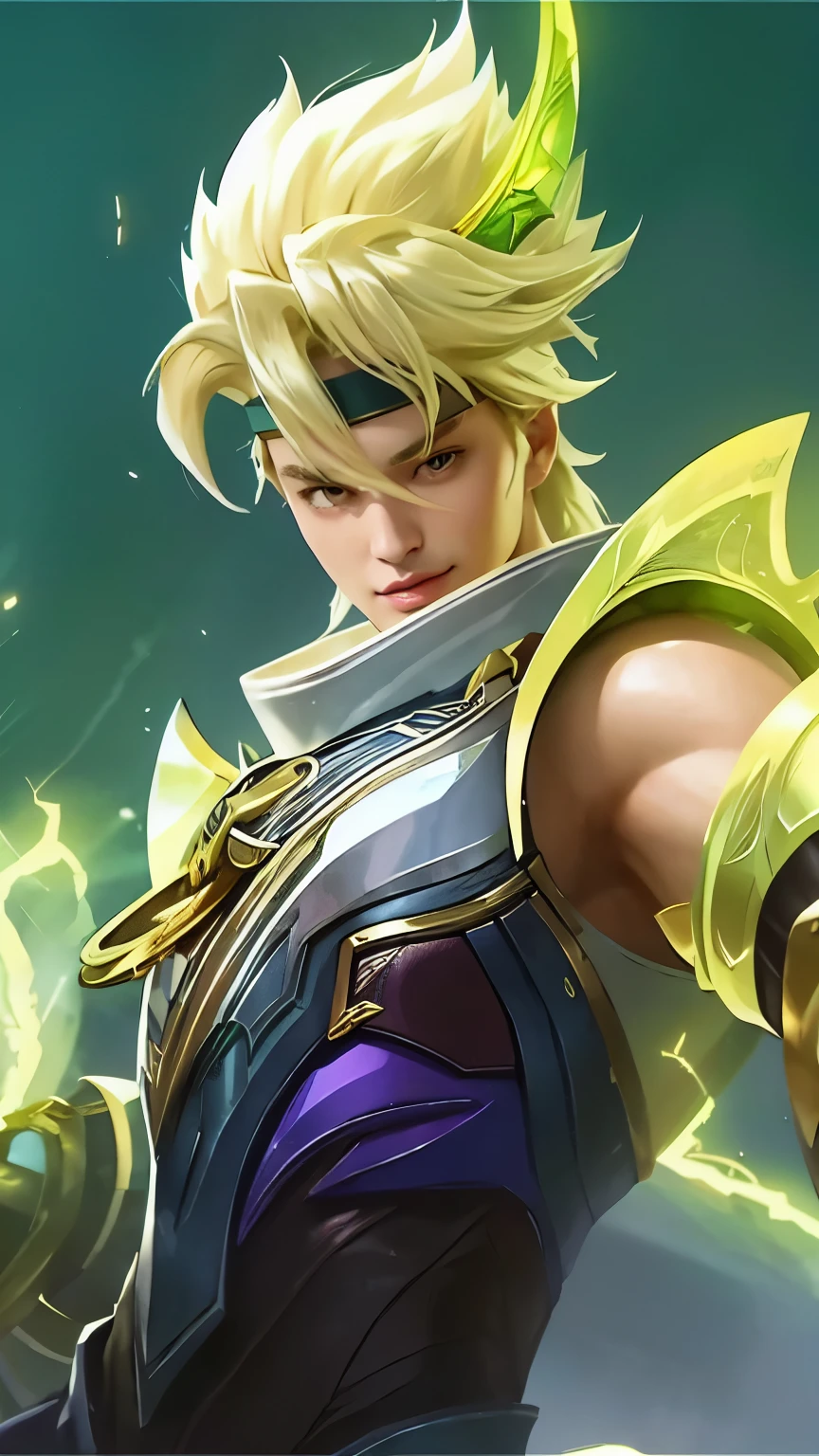a close up of a person holding a sword in a field, heise jinyao, inspired by Huang Shen, mobile legends, inspired by Yang Jin, dio brando, a blonde emerald warrior, astri lohne, xianxia hero, zhao yun, gold paladin, male blonde elf ranger, fujin, zhongli from genshin impact, kda