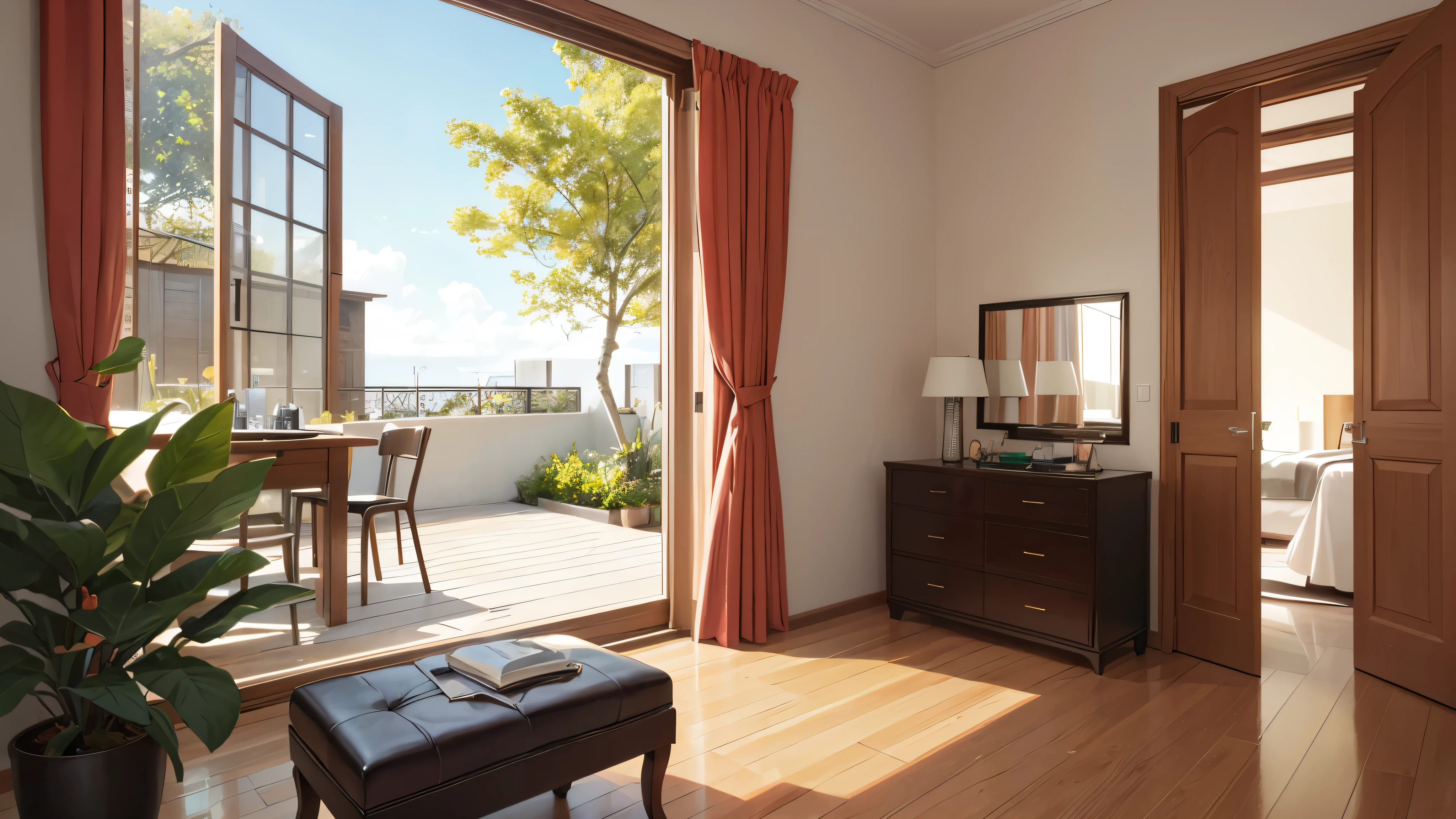 You are a famous interior designer、You have been asked to create a 3D image of a modern large room. Create a harmonious environment with modern and minimalist furniture. Including garden interior.