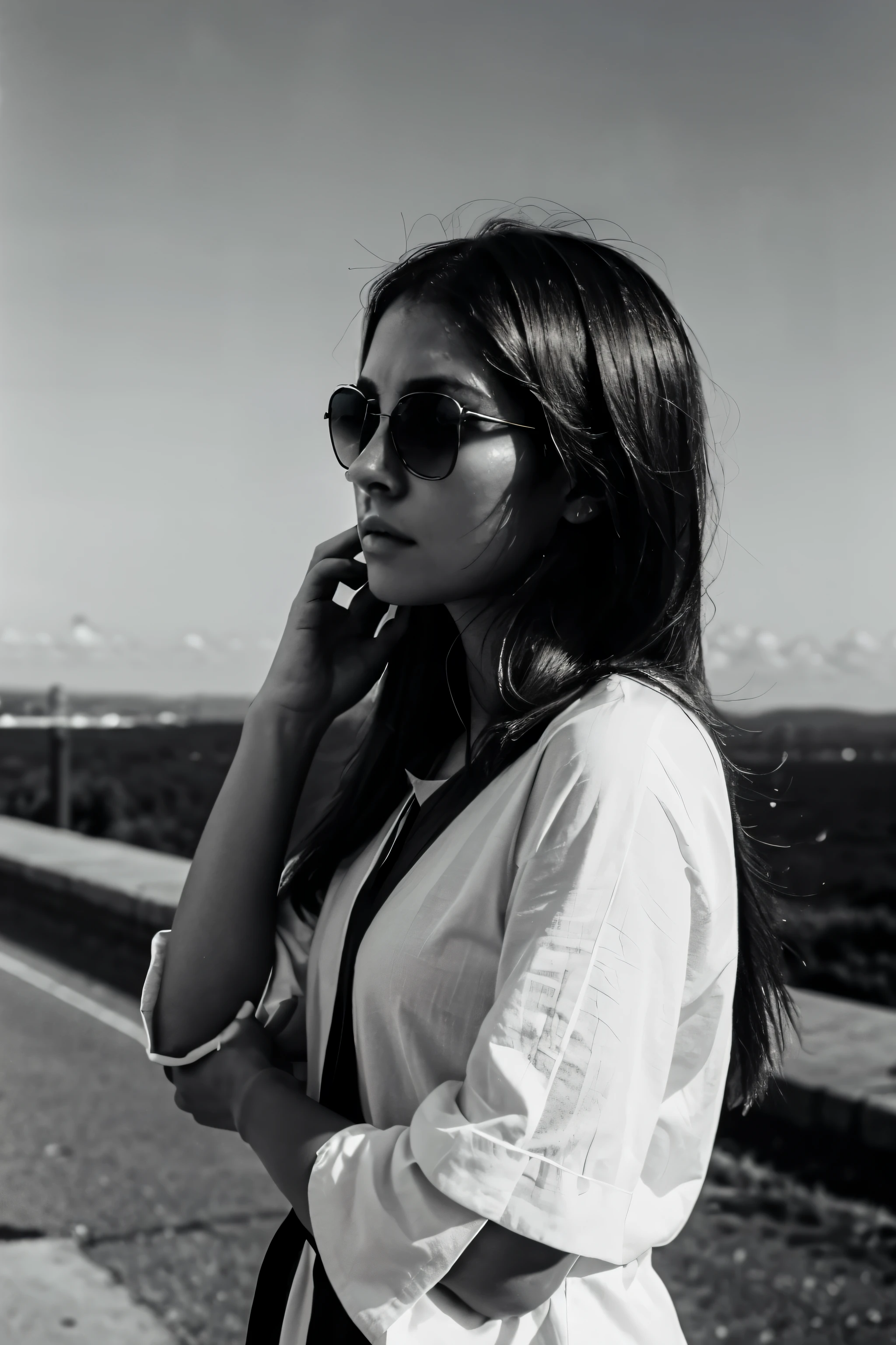 A solitary figure with sunglasses, her hand resting on her arm as she gazes into the distance, lost in thought. The image is rendered in a stark, black and white style, emphasizing the girl's isolation and introspection.