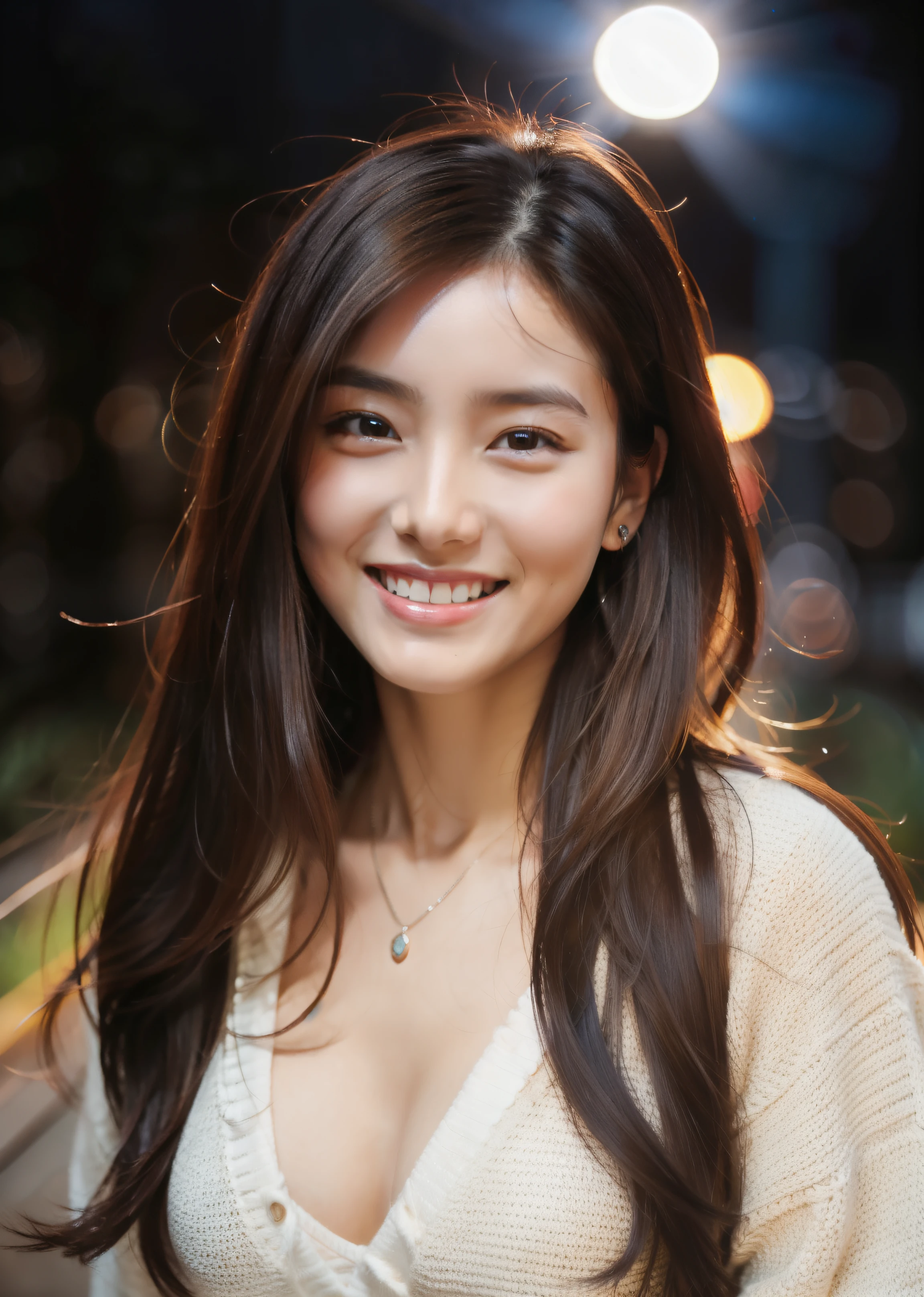 beautiful 14 year old woman。She wears a camisole。She looks ecstatic as if she had an orgasm during sex..。her dark brown hair、、her hair is long。High resolution、masterpiece、highest quality、Head w:1.0、((Hasselblad Photos))、fine skin、fine knit、(movie lighting)、clavicle . she is smiling.