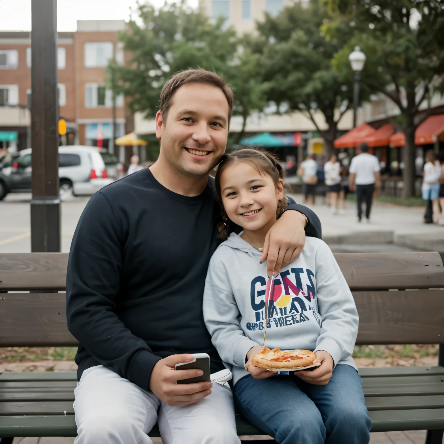 sitting on a bench ithere are: a 40 year old man with a piece of pizza in his hand and a laptop on his lap. next to him sits a smiling -yeld giwith pigtails eating a piece of pizza. the background is blurry, lens 135 mm, by Dan Luvisi, super high resolution, joy, smile, family