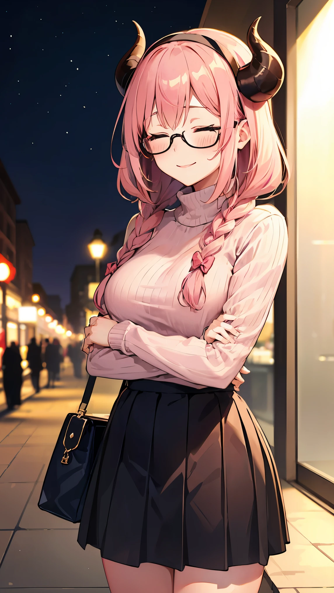 1girl, mature, (embarrassed:1.3, closed eyes, smile:1.2, blush:1.2), white hairband, black glasses, long braided hair, pink hair, purple eyes, demon horns, large breast, cute, wallpaper, landscape, depth of field, night, park, light particles, light rays, sidelighting, (pink sweater turtleneck:1.2, skirt:1.1),