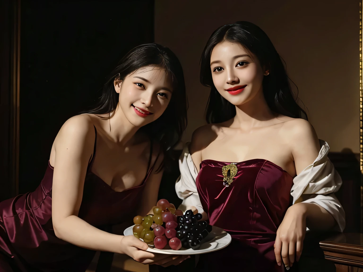 full body portrait ,fruits,Grapes,Rosa,antique,A smile,,Sweet and seductive appearance.、Caravaggio's paintings、Chiaroscuro of Caravaggio,Two women frolicking,Cute smile, Expression of ecstasy