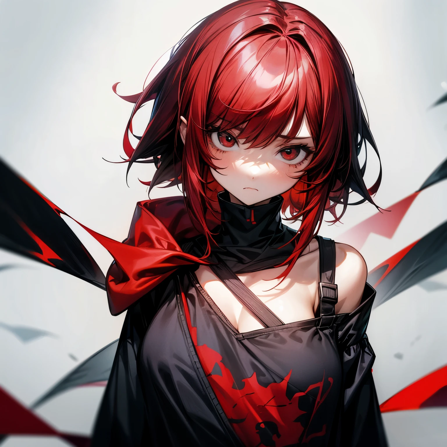 Girl, not too short hair (shoulder length), black and dim red hair, red and black eyes, wearing a black oversized hoodie, looks sad