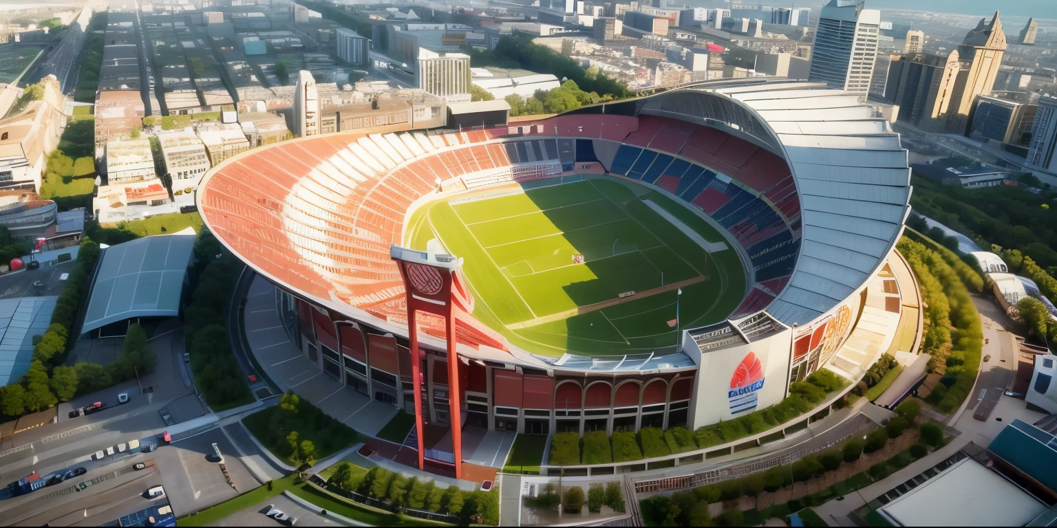 arafed view of a stadium with a soccer field and a city in the background, stadium landscape, soccer stadium, art deco stadium, stadium setting, stadium, stadium full of people, viewed from bird's-eye, beautiful atmosphere, beautiful image, wonderful masterpiece, bangkok, grass field surrounding the city, aerial shot, beautiful high resolution, high quality image”, thailand